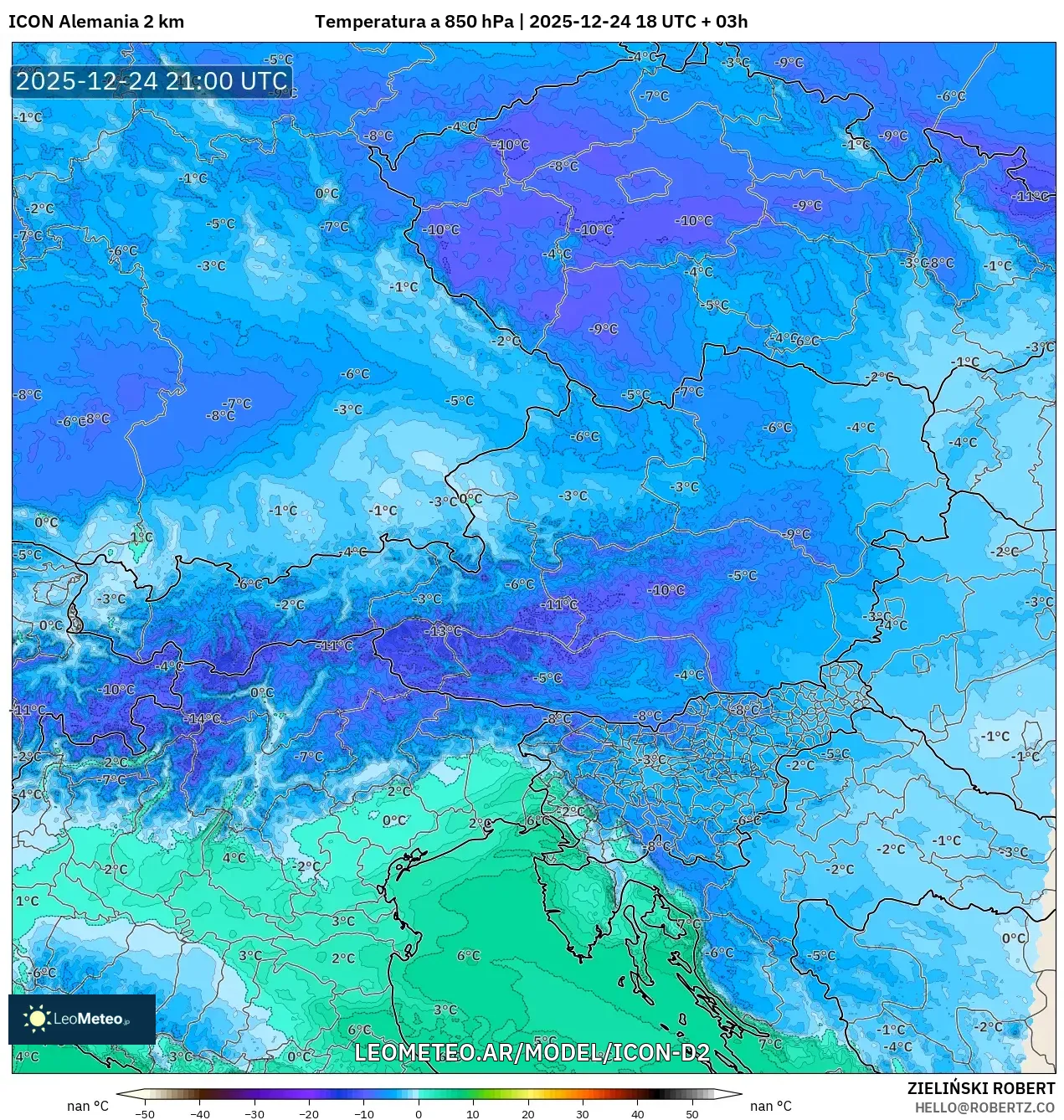 ICON Niemcy 2 km model - Austria, Temperatura na 850 hPa