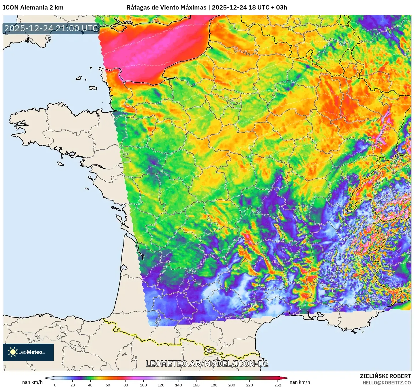 ICON Niemcy 2 km model - Francja, Maksymalne Porywy Wiatru