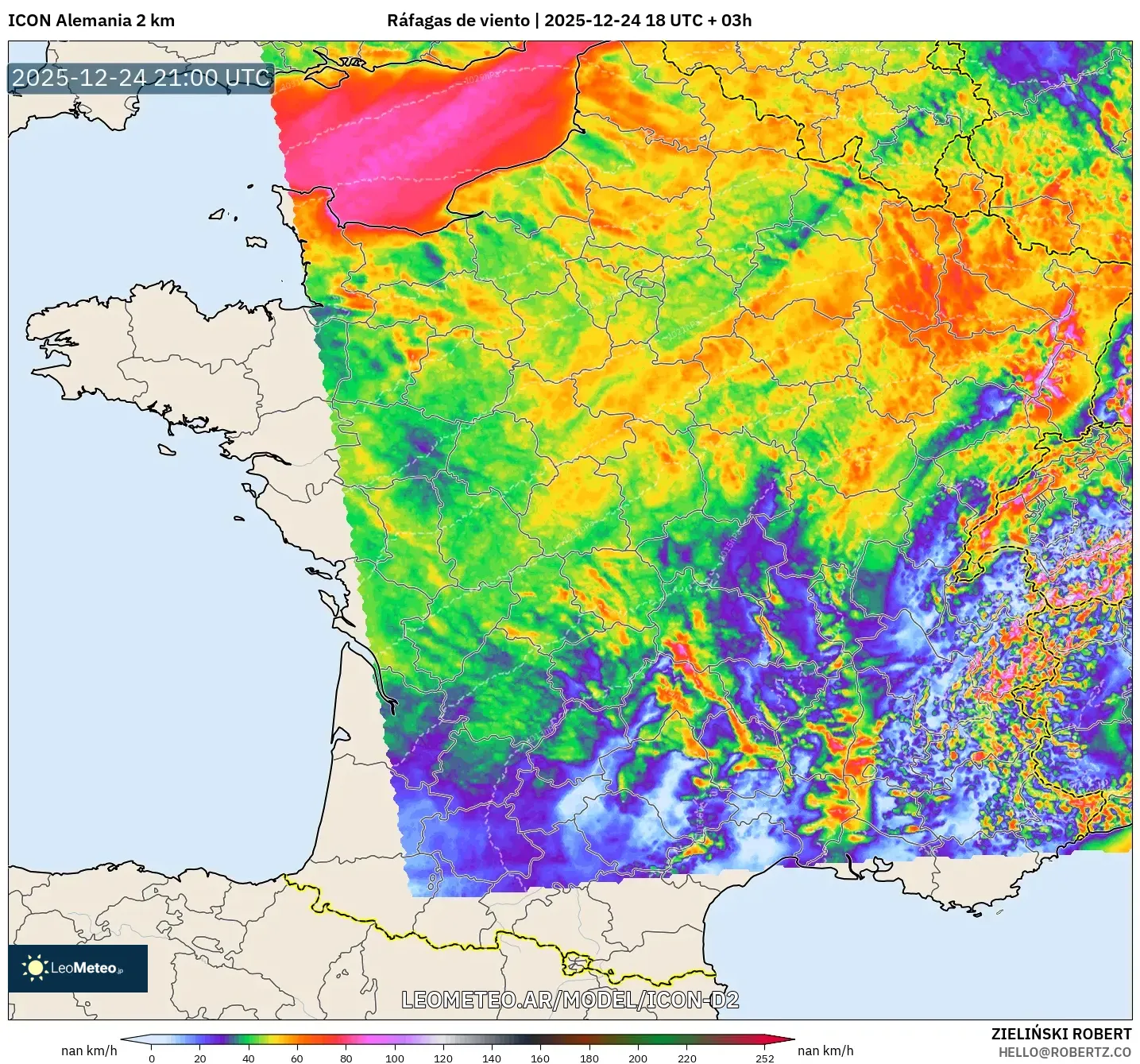 ICON Niemcy 2 km model - Francja, Porywy wiatru