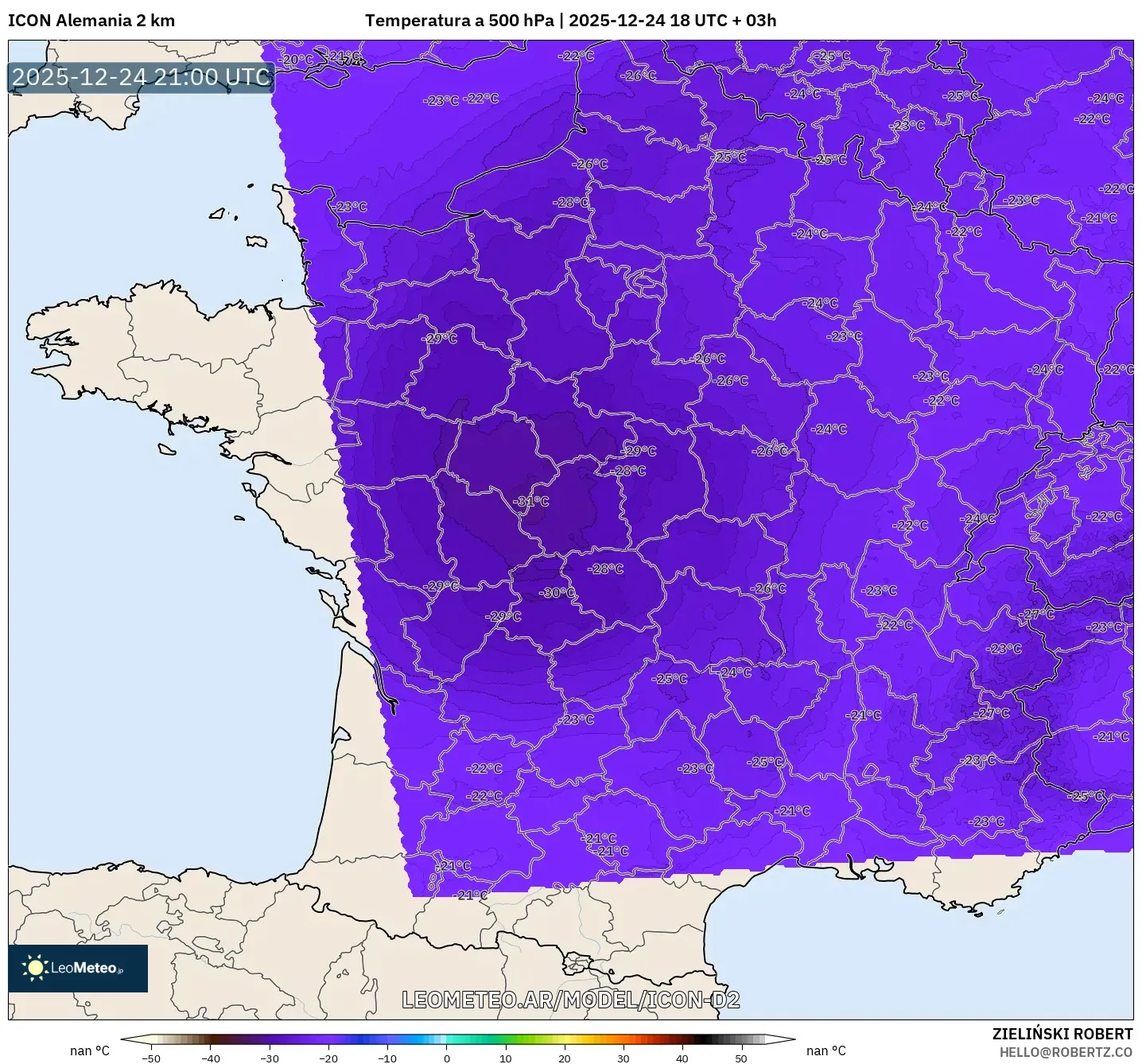 ICON Niemcy 2 km model - Francja, Temperatura na 500 hPa