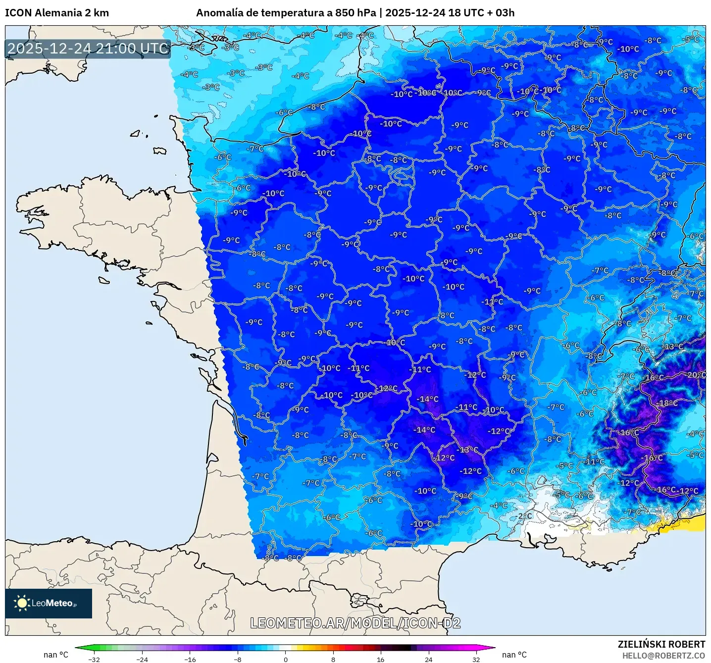 ICON Niemcy 2 km model - Francja, Anomalia temperatury na 850 hPa