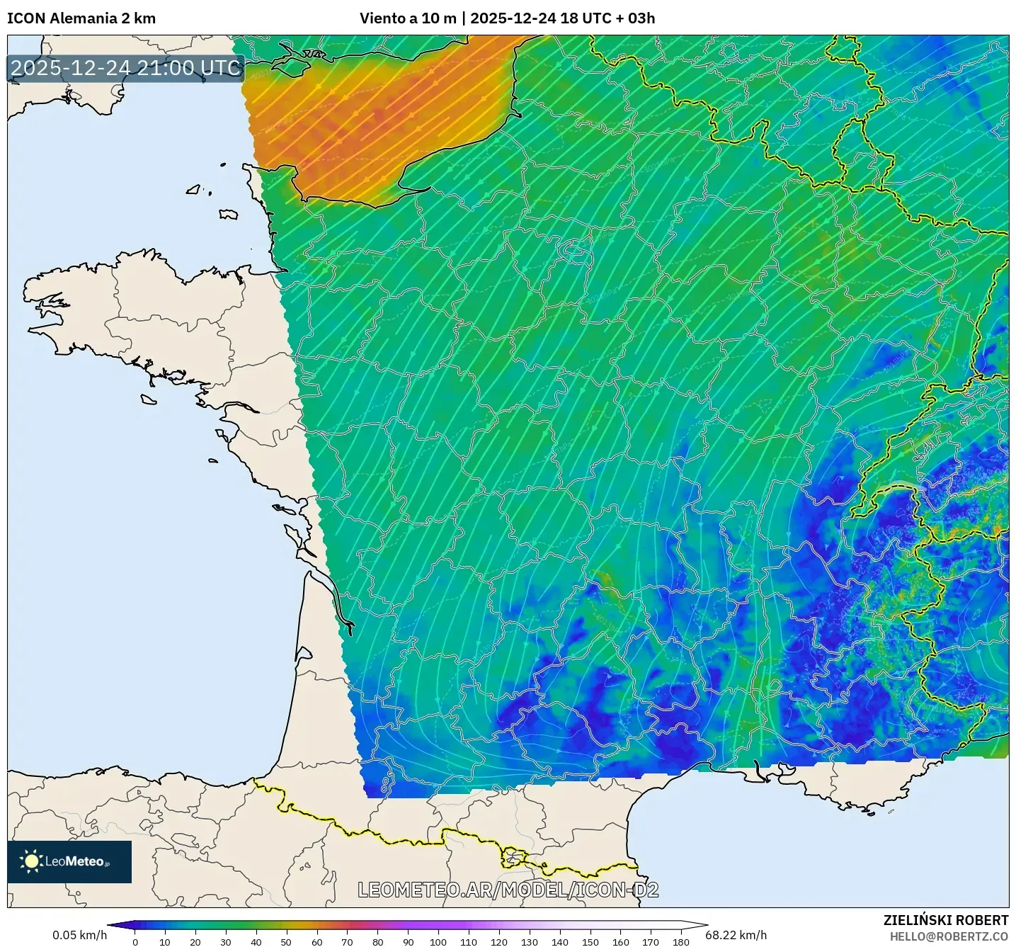ICON Niemcy 2 km model - Francja, Wiatr na 10 m