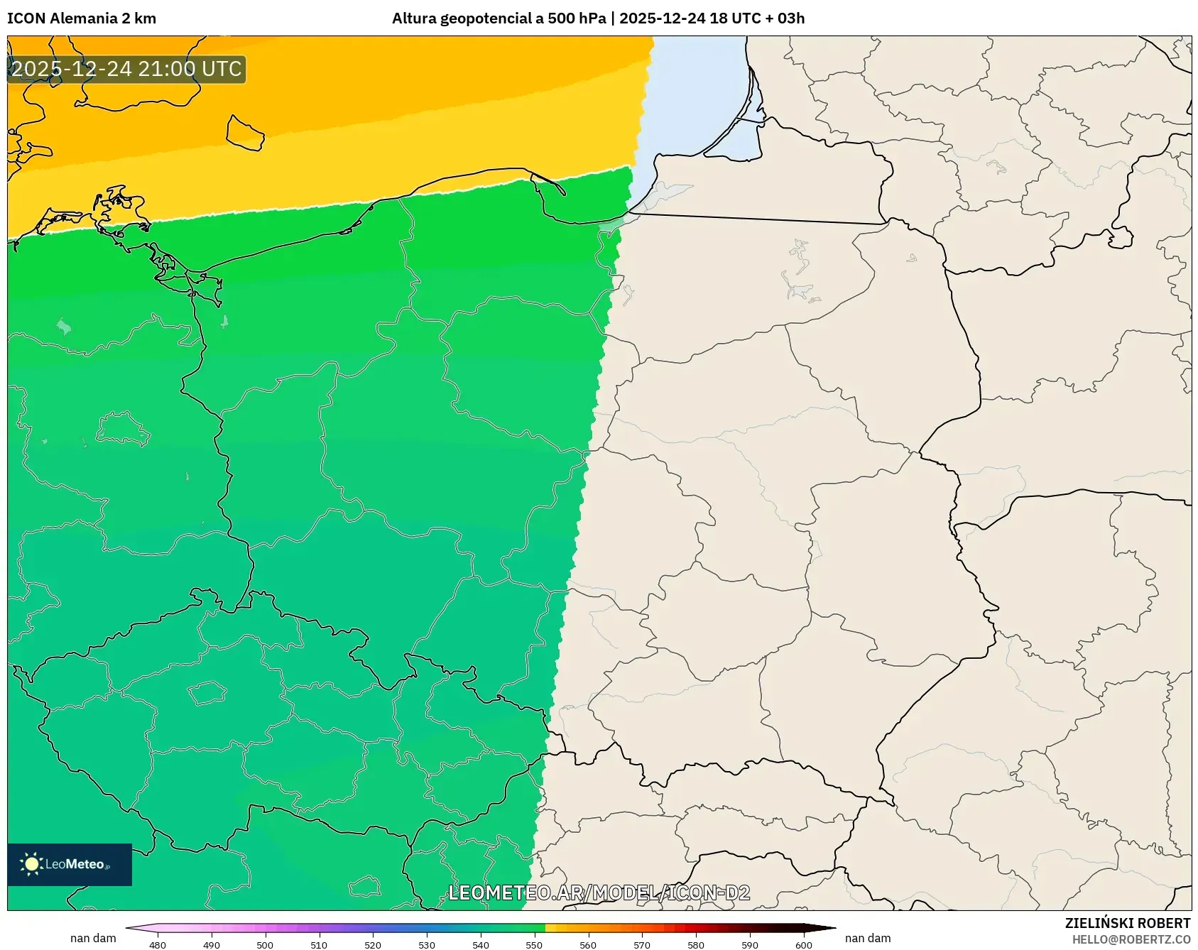 ICON Niemcy 2 km model - Polska, Wysokość geopotencjalna na poziomie 500 hPa