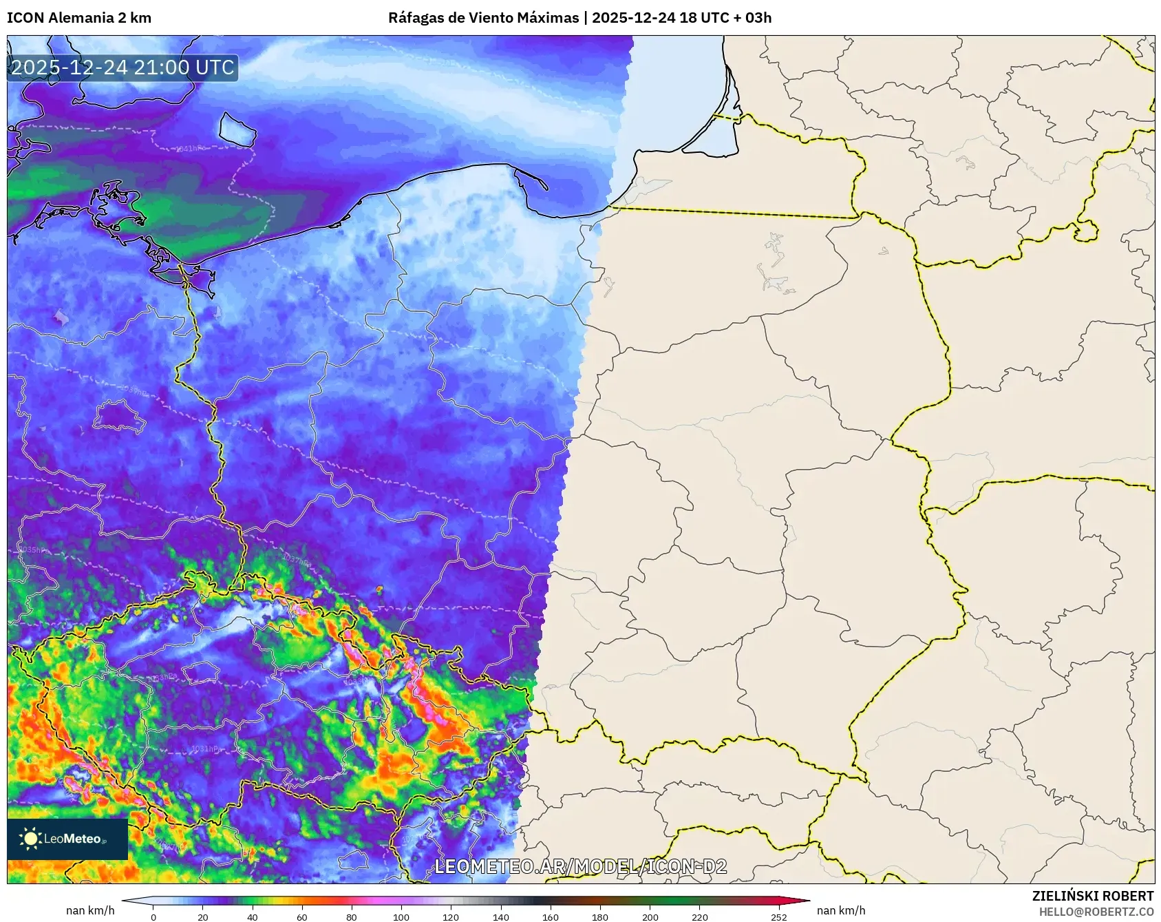 ICON Niemcy 2 km model - Polska, Maksymalne Porywy Wiatru