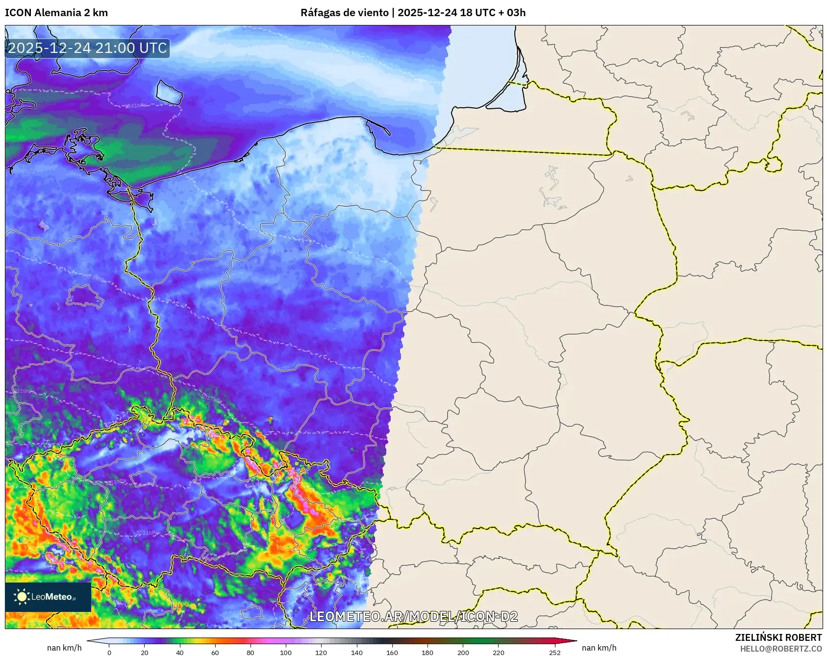 ICON Niemcy 2 km model - Polska, Porywy wiatru