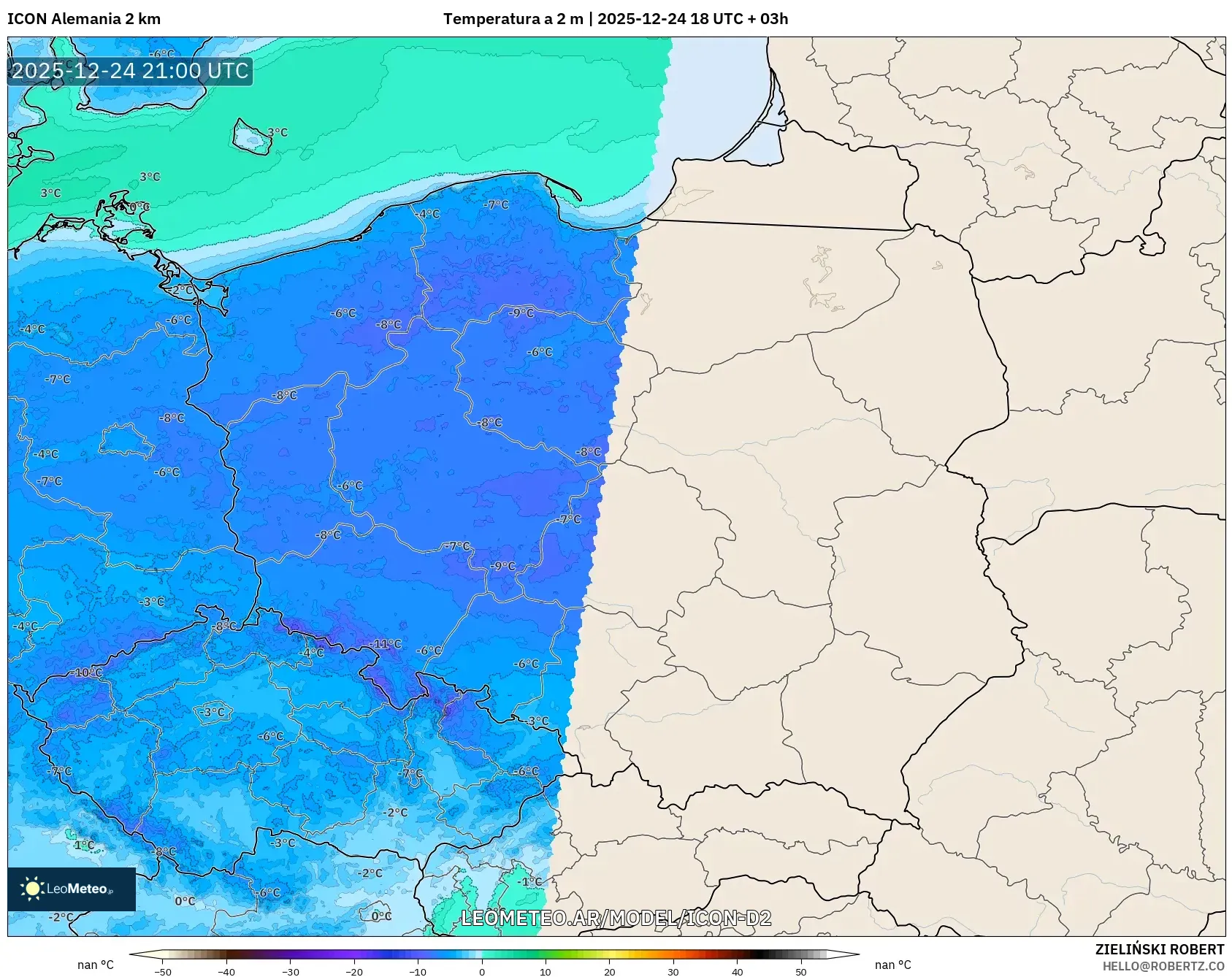 ICON Niemcy 2 km model - Polska, Temperatura na 2 m