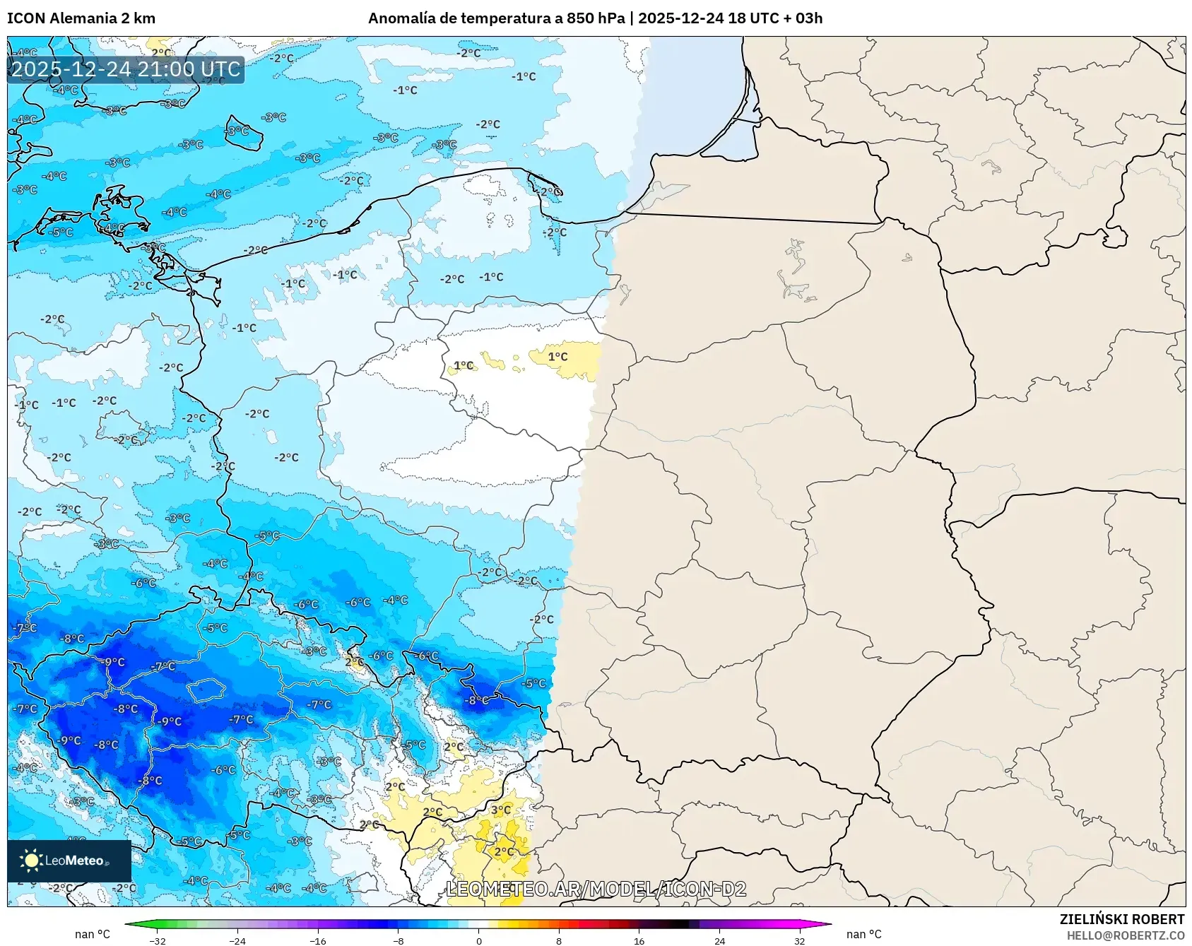 ICON Niemcy 2 km model - Polska, Anomalia temperatury na 850 hPa