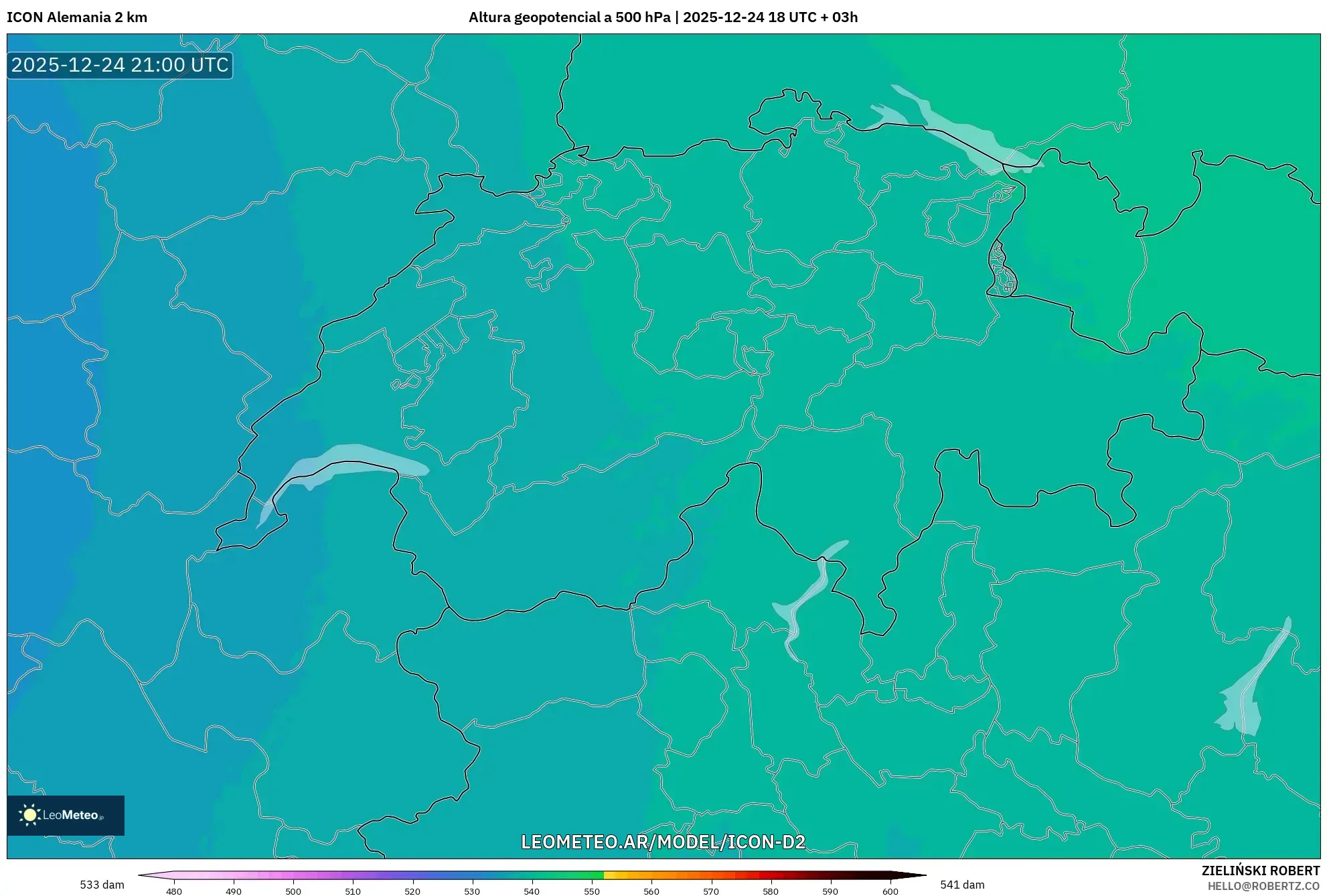 ICON Niemcy 2 km model - Szwajcaria, Wysokość geopotencjalna na poziomie 500 hPa
