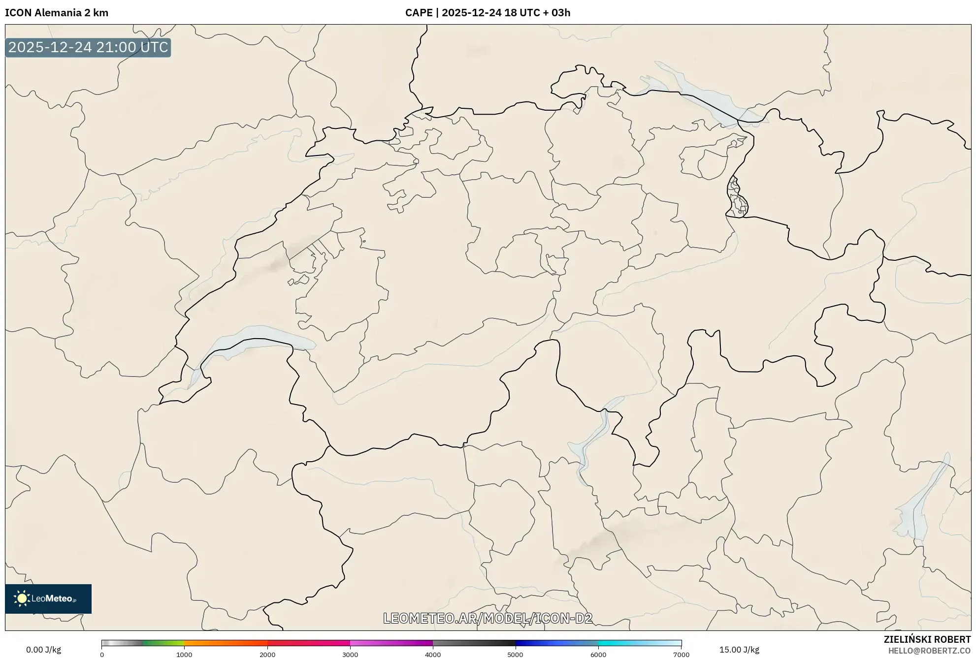 ICON Niemcy 2 km model - Szwajcaria, CAPE