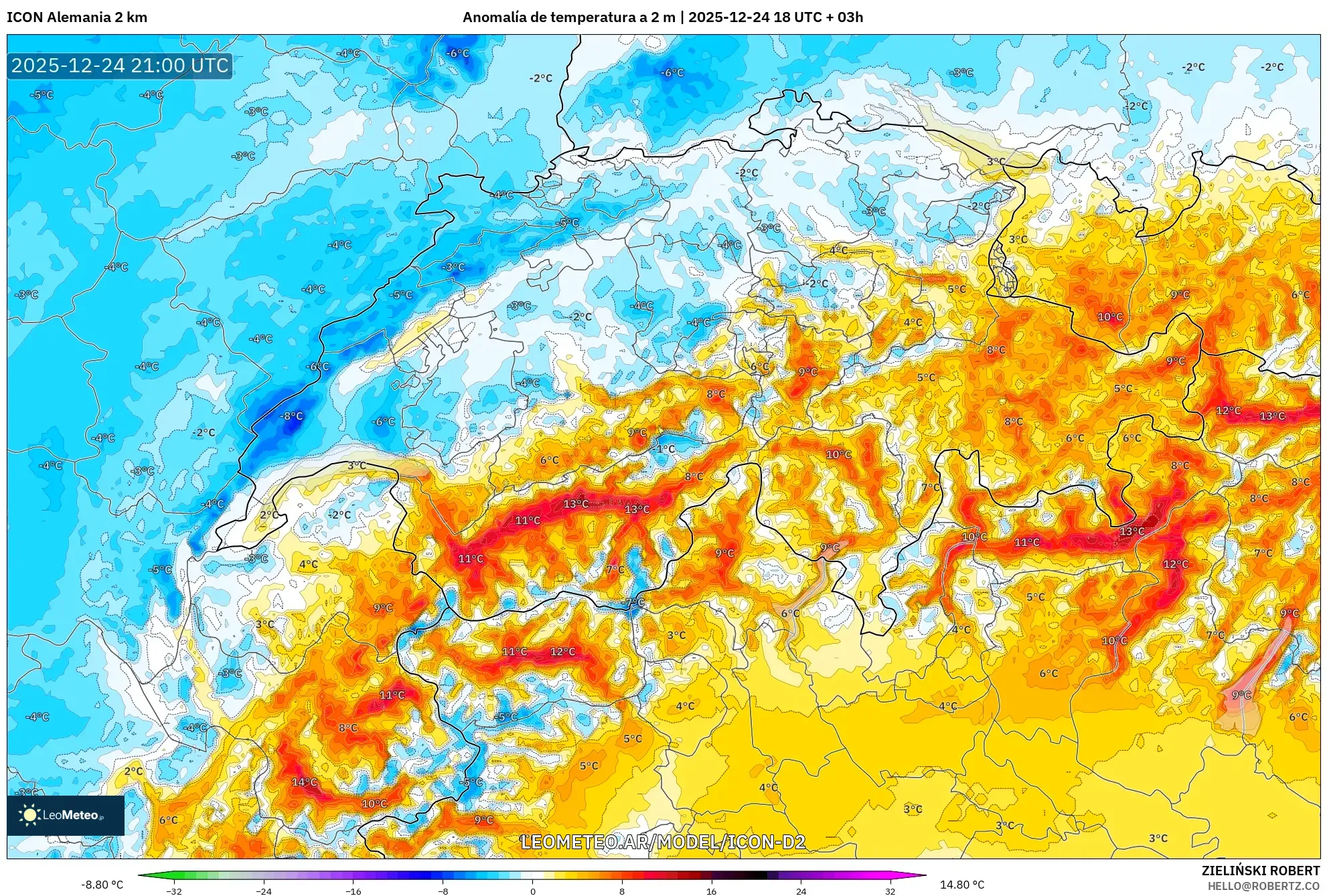 ICON Niemcy 2 km model - Szwajcaria, Anomalia temperatury na 2 m