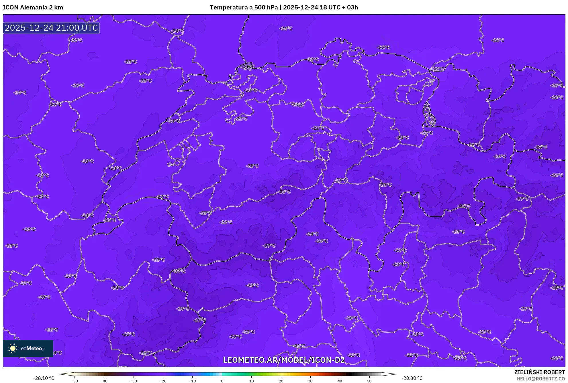 ICON Niemcy 2 km model - Szwajcaria, Temperatura na 500 hPa