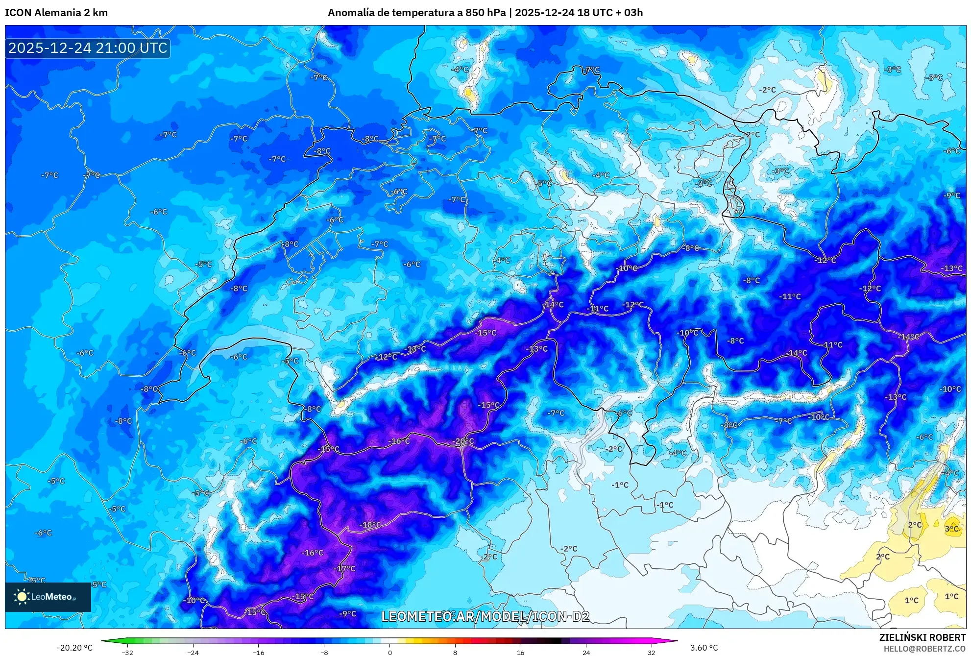 ICON Niemcy 2 km model - Szwajcaria, Anomalia temperatury na 850 hPa