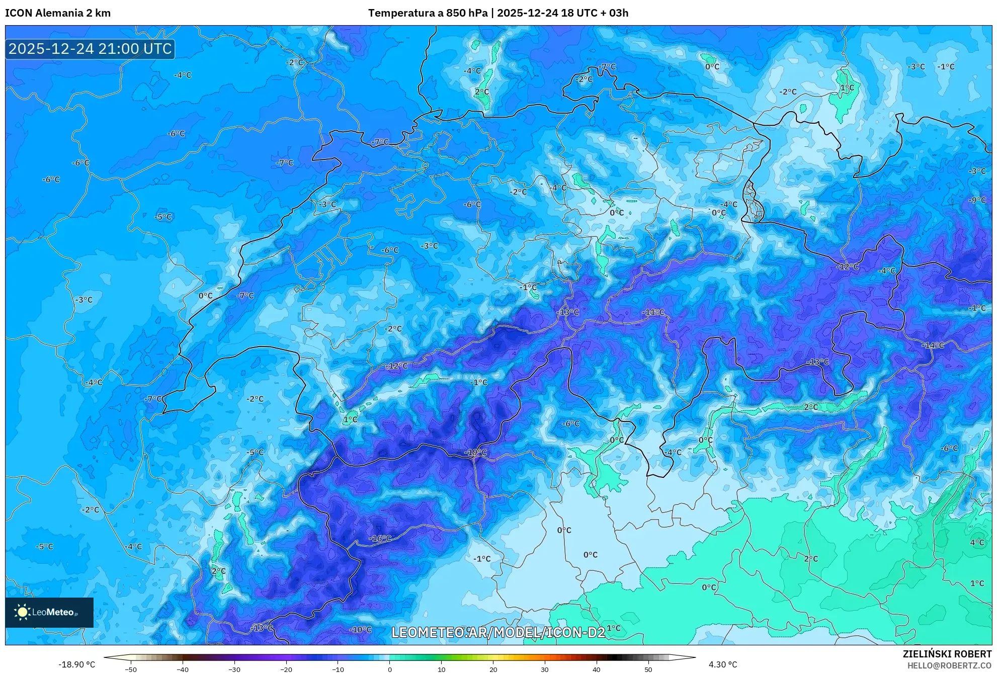 ICON Niemcy 2 km model - Szwajcaria, Temperatura na 850 hPa