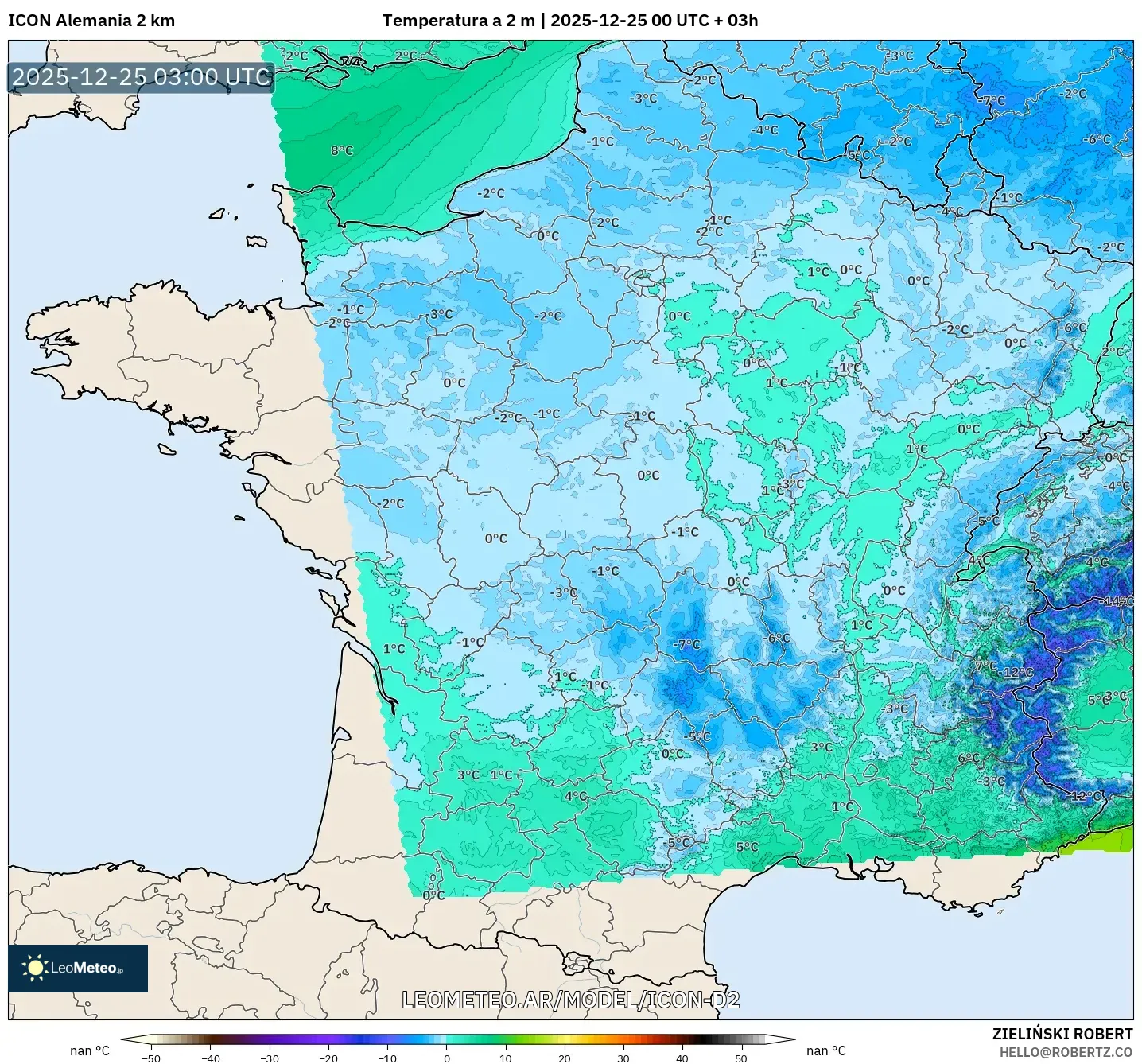 ICON Niemcy 2 km model - Francja, Temperatura na 2 m