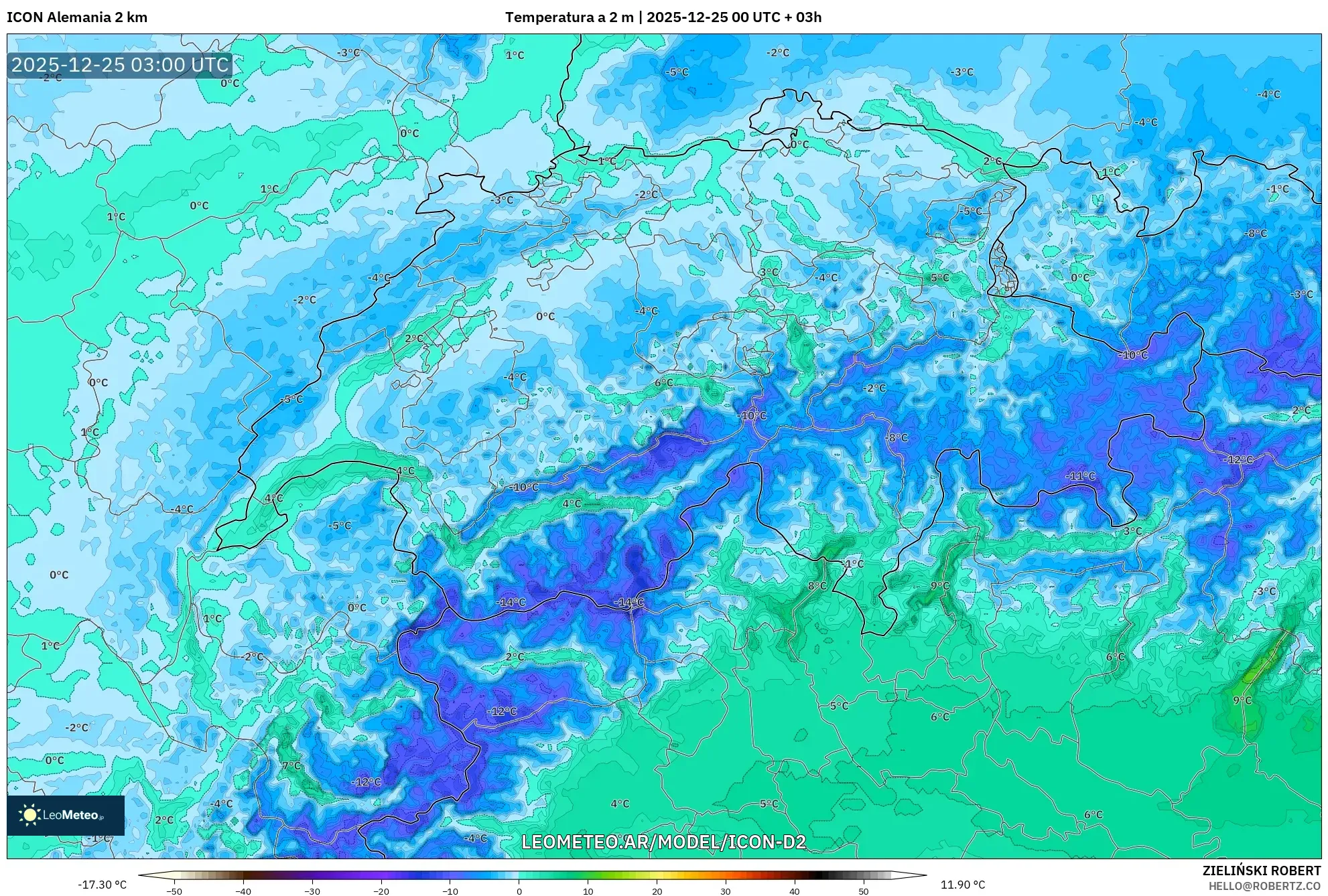 ICON Niemcy 2 km model - Szwajcaria, Temperatura na 2 m