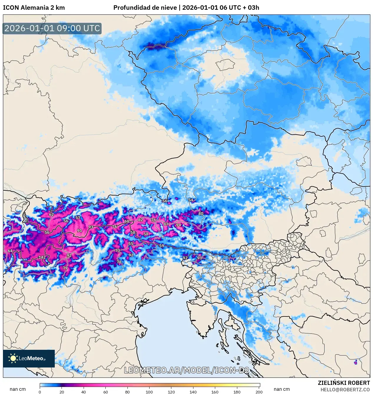 ICON Alemania 2 km model - Austria, Profundidad de nieve