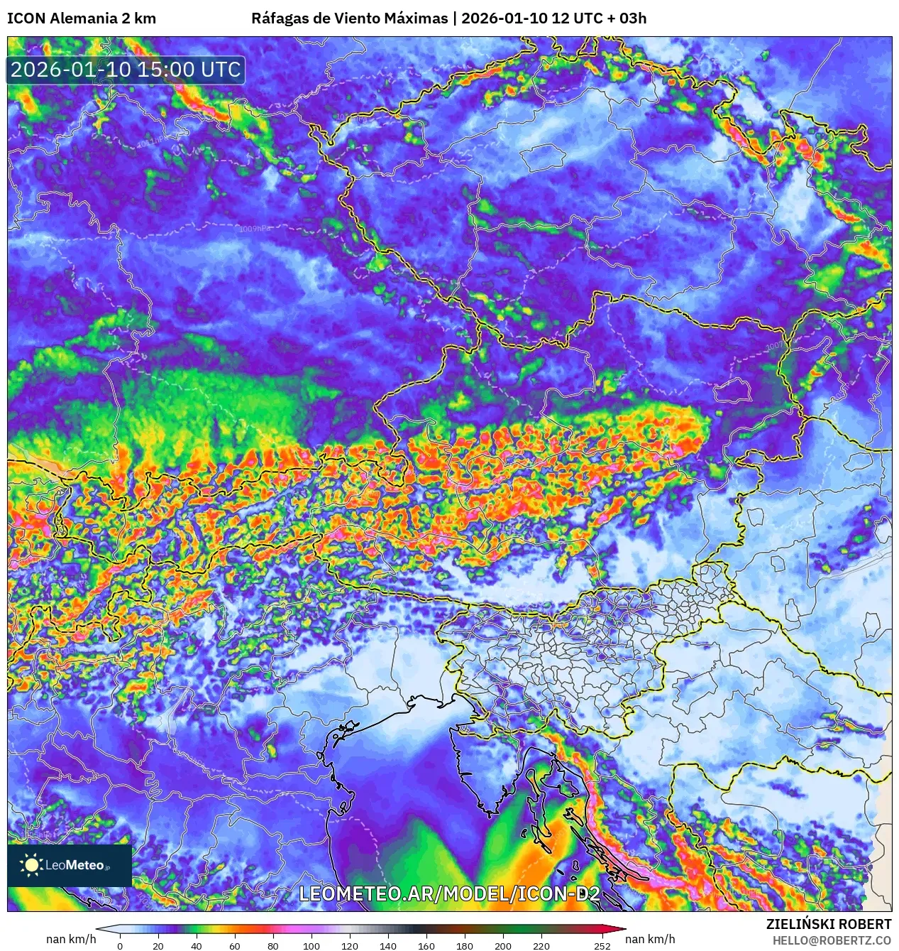 ICON Alemania 2 km model - Austria, Ráfagas de Viento Máximas