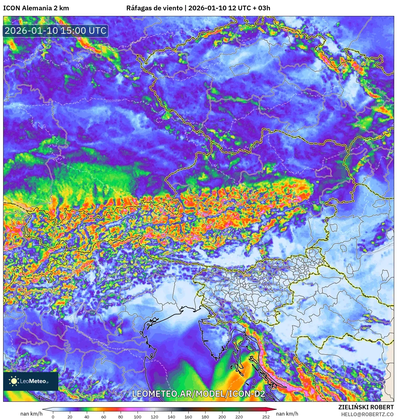 ICON Alemania 2 km model - Austria, Ráfagas de viento