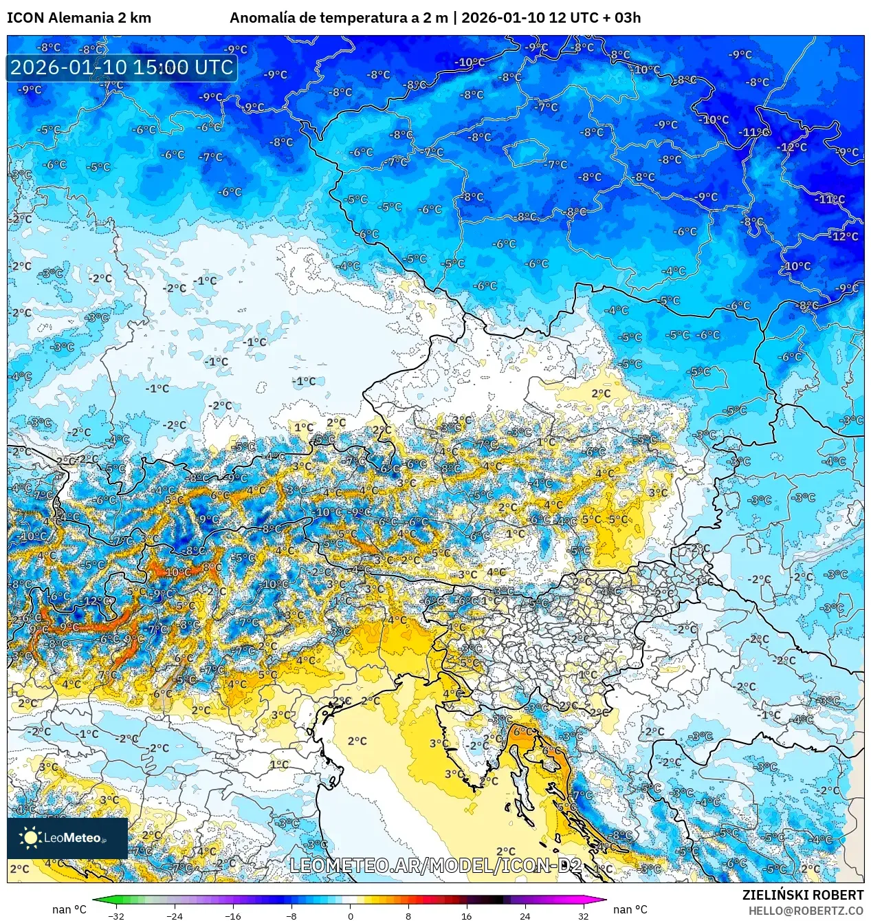 ICON Alemania 2 km model - Austria, Anomalía de temperatura a 2 m