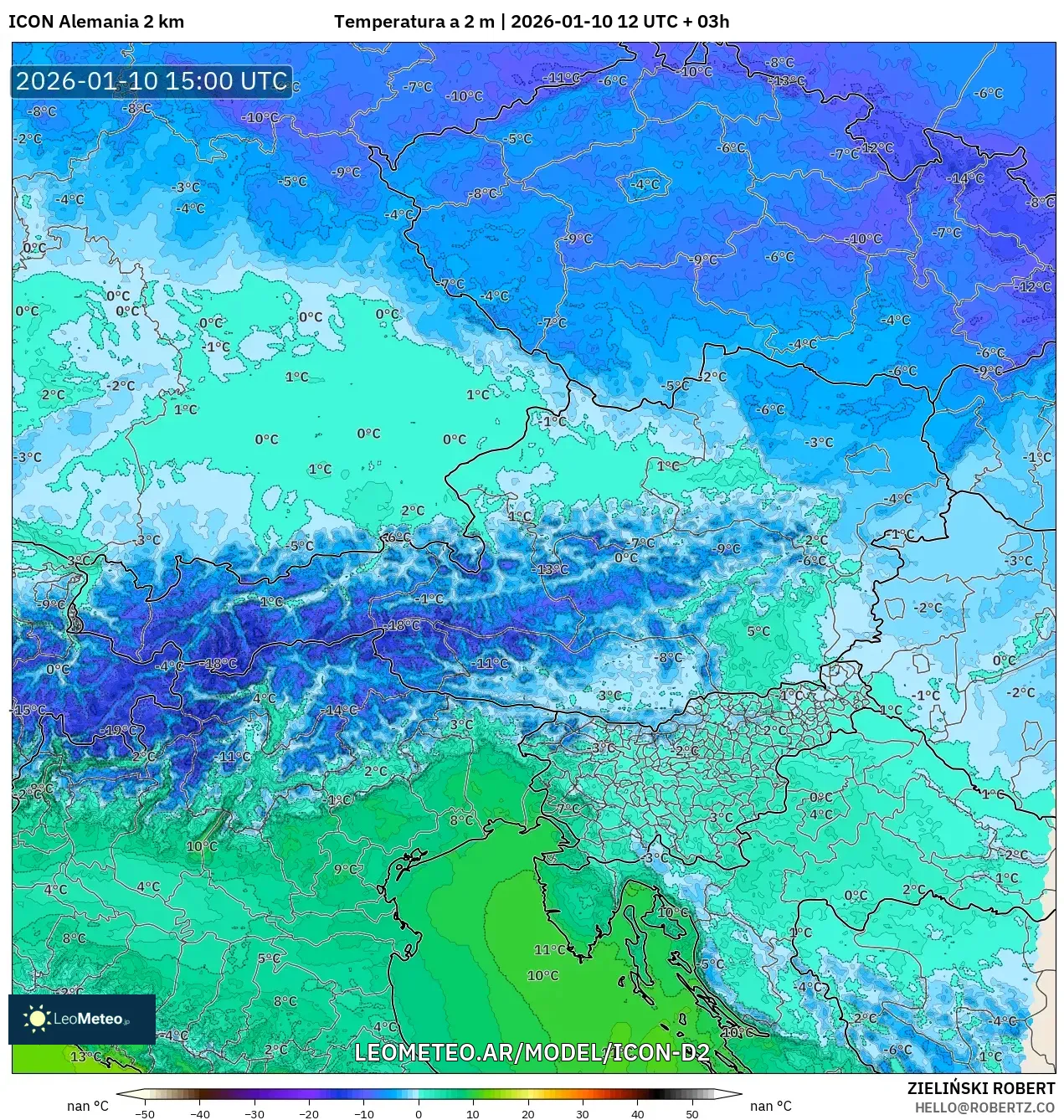 ICON Alemania 2 km model - Austria, Temperatura a 2 m