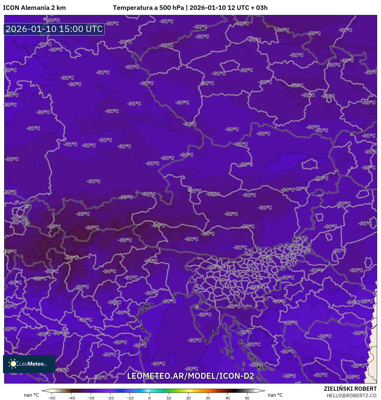 ICON Alemania 2 km model - Austria, Temperatura a 500 hPa
