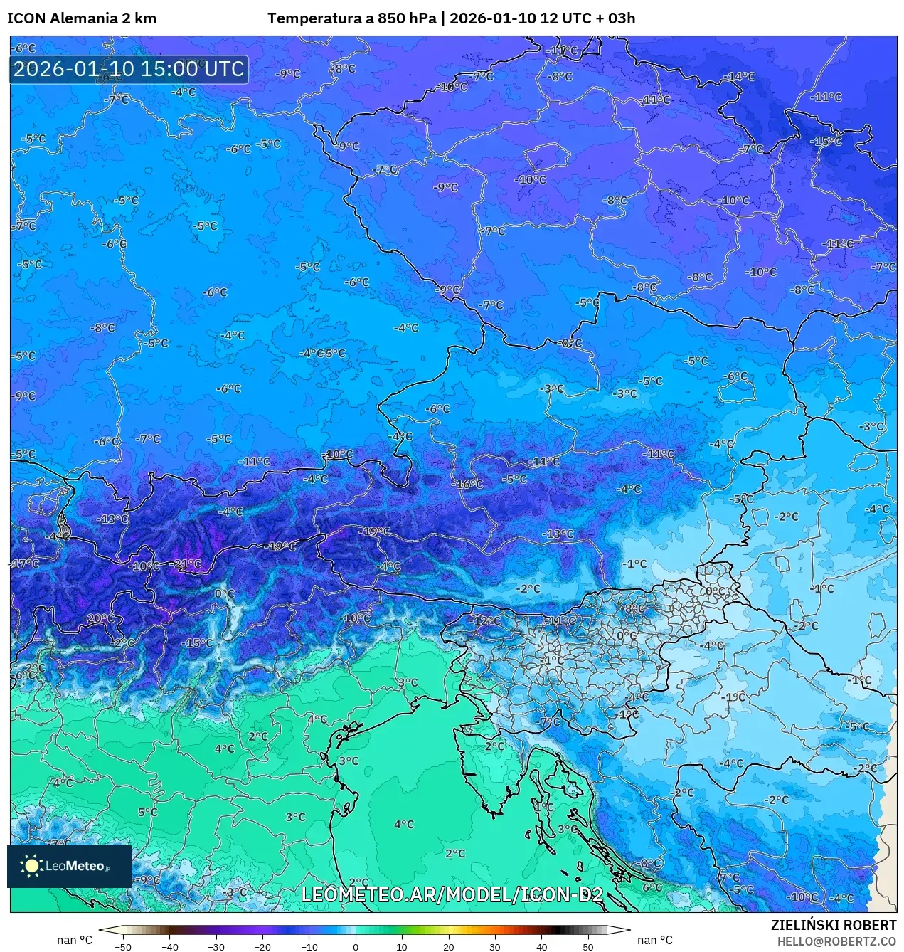ICON Alemania 2 km model - Austria, Temperatura a 850 hPa