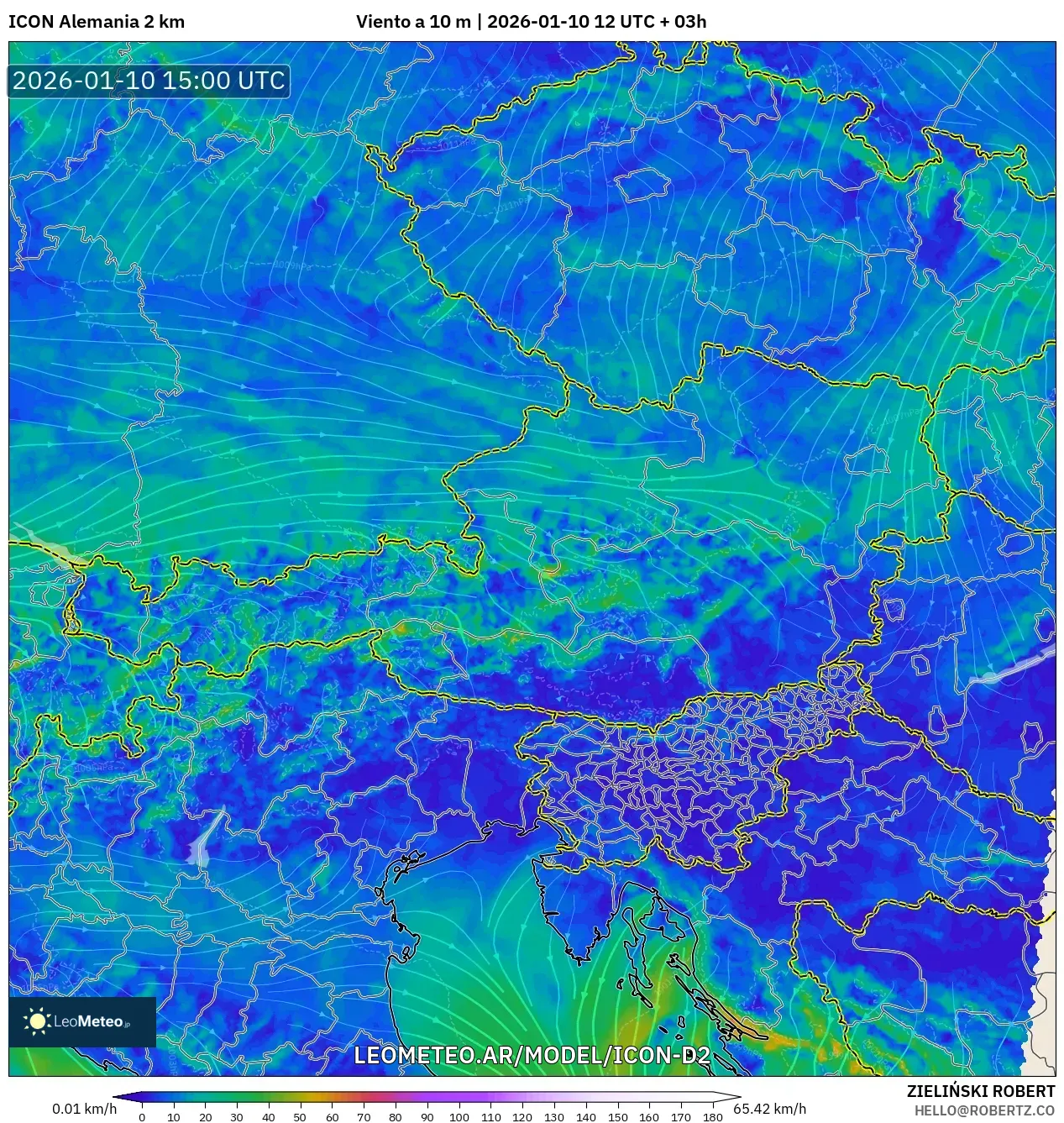 ICON Alemania 2 km model - Austria, Viento a 10 m