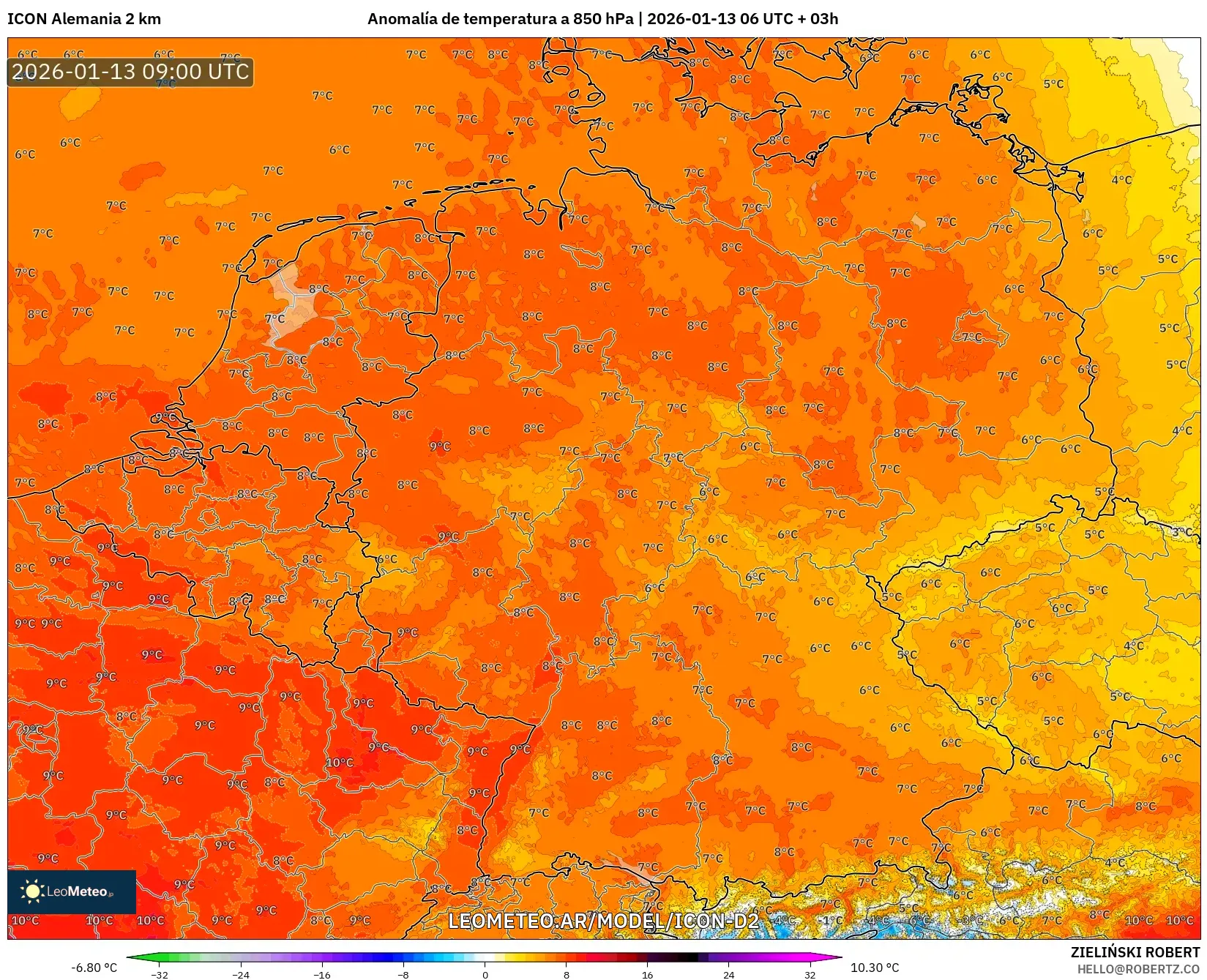 ICON Alemania 2 km model - Alemania, Anomalía de temperatura a 850 hPa