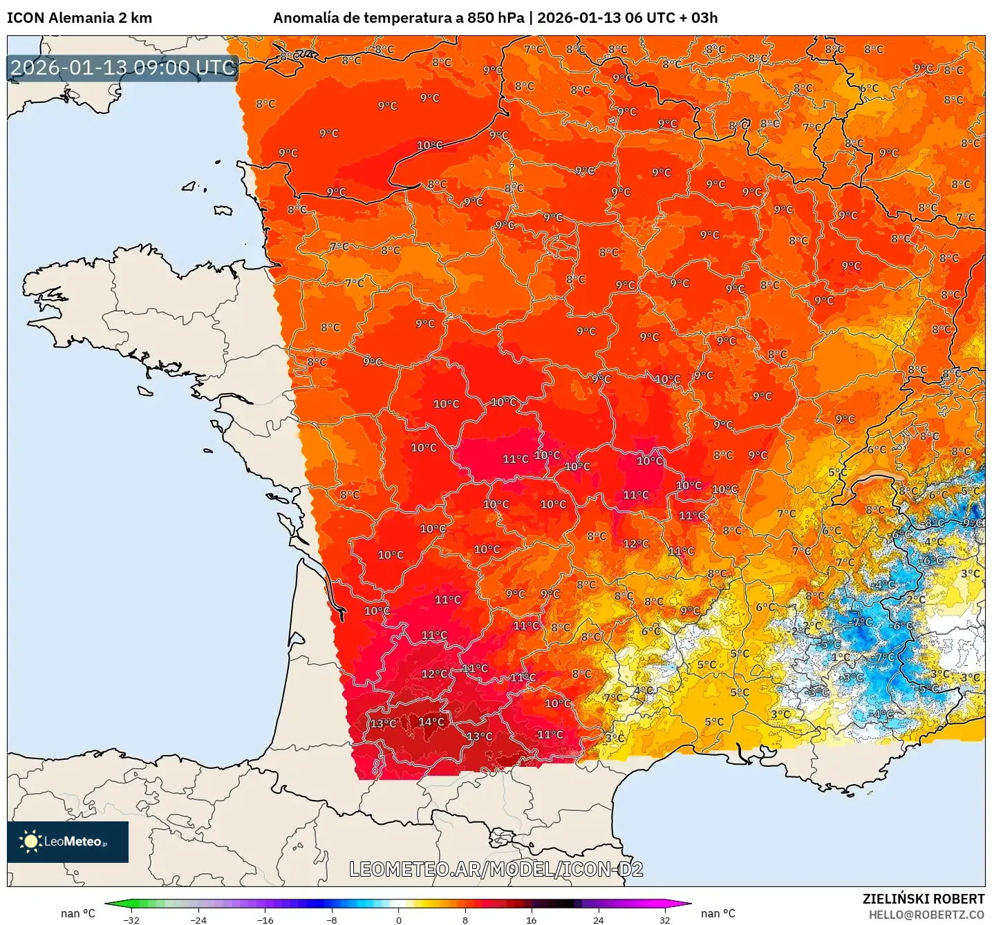 ICON Alemania 2 km model - Francia, Anomalía de temperatura a 850 hPa