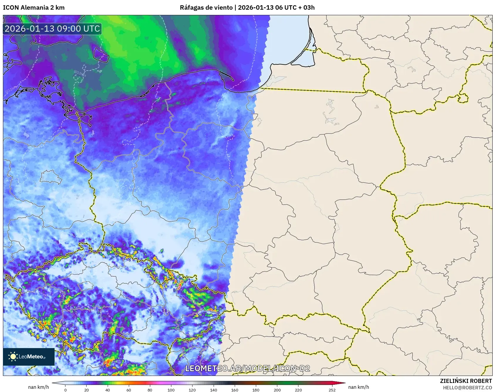 ICON Alemania 2 km model - Polonia, Ráfagas de viento