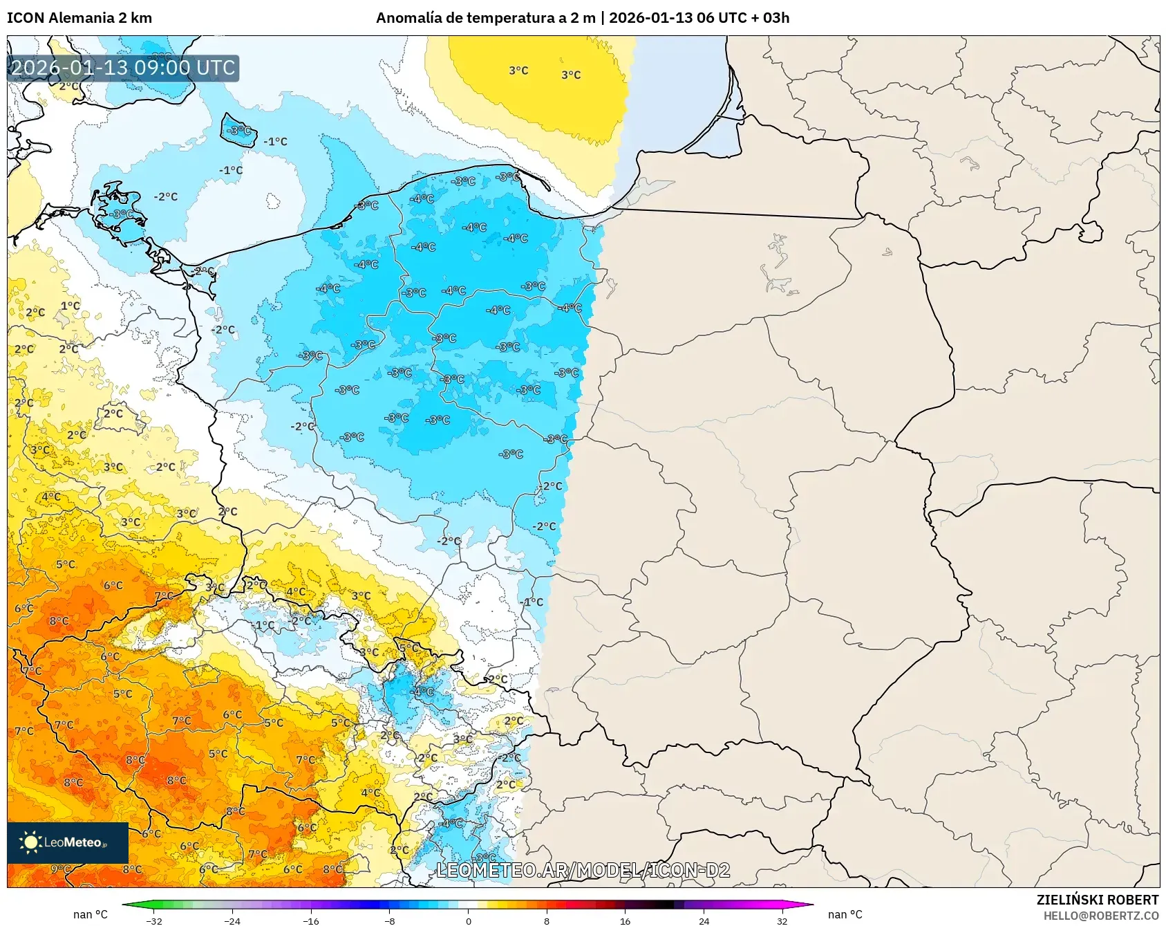 ICON Alemania 2 km model - Polonia, Anomalía de temperatura a 2 m