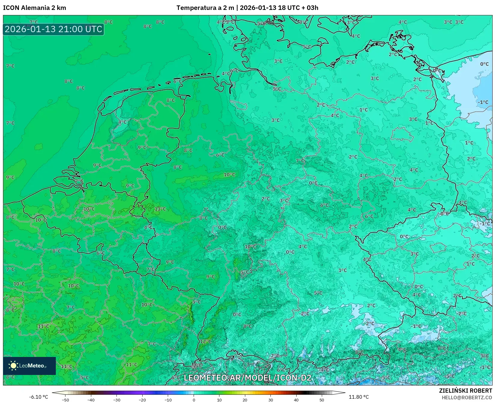 ICON Alemania 2 km model - Alemania, Temperatura a 2 m