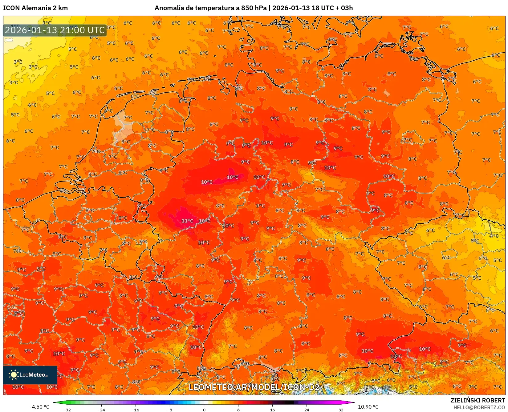 ICON Alemania 2 km model - Alemania, Anomalía de temperatura a 850 hPa