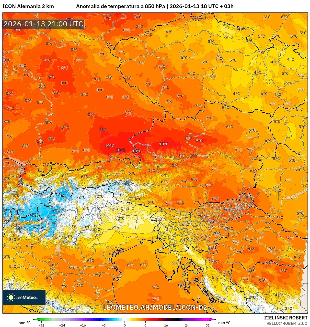 ICON Alemania 2 km model - Austria, Anomalía de temperatura a 850 hPa