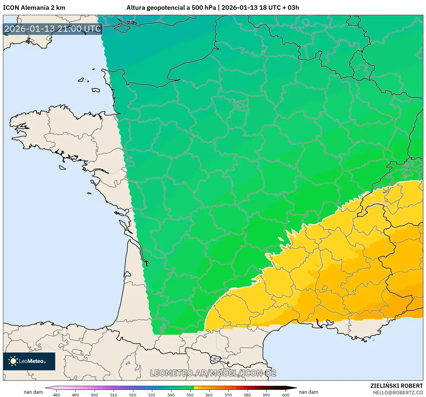 ICON Alemania 2 km model - Francia, Altura geopotencial a 500 hPa