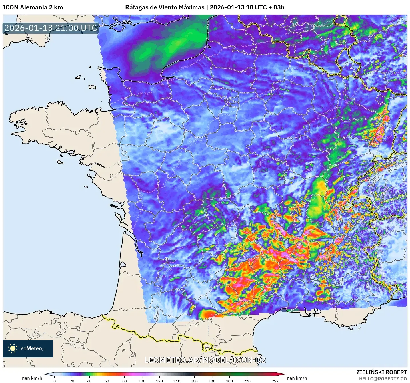 ICON Alemania 2 km model - Francia, Ráfagas de Viento Máximas