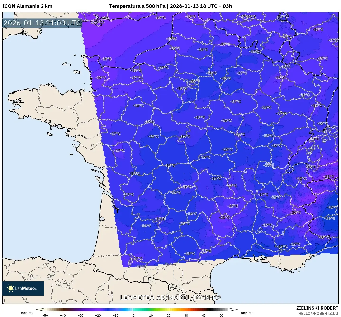 ICON Alemania 2 km model - Francia, Temperatura a 500 hPa