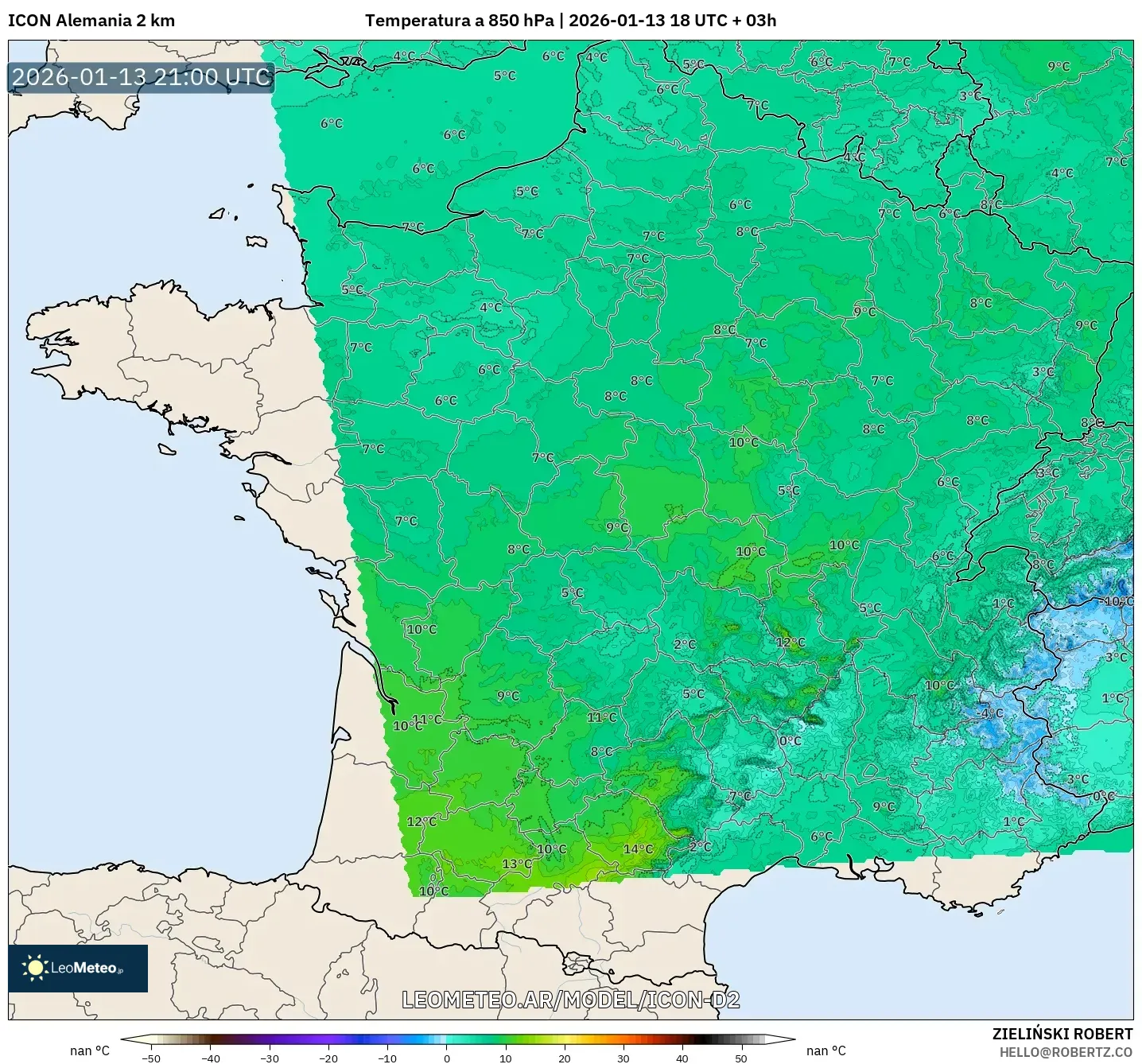 ICON Alemania 2 km model - Francia, Temperatura a 850 hPa