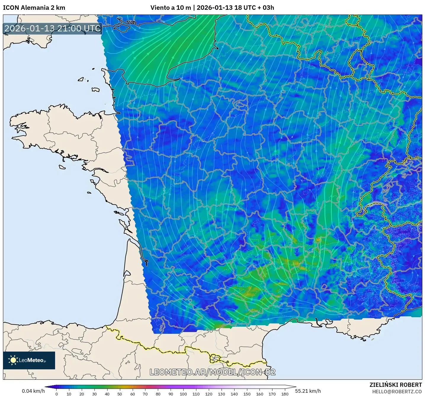ICON Alemania 2 km model - Francia, Viento a 10 m