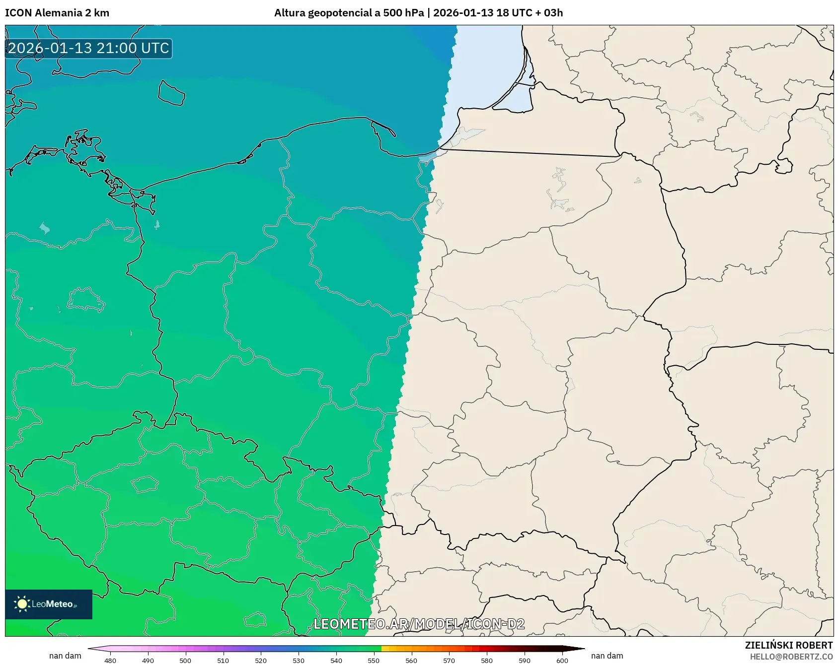 ICON Alemania 2 km model - Polonia, Altura geopotencial a 500 hPa