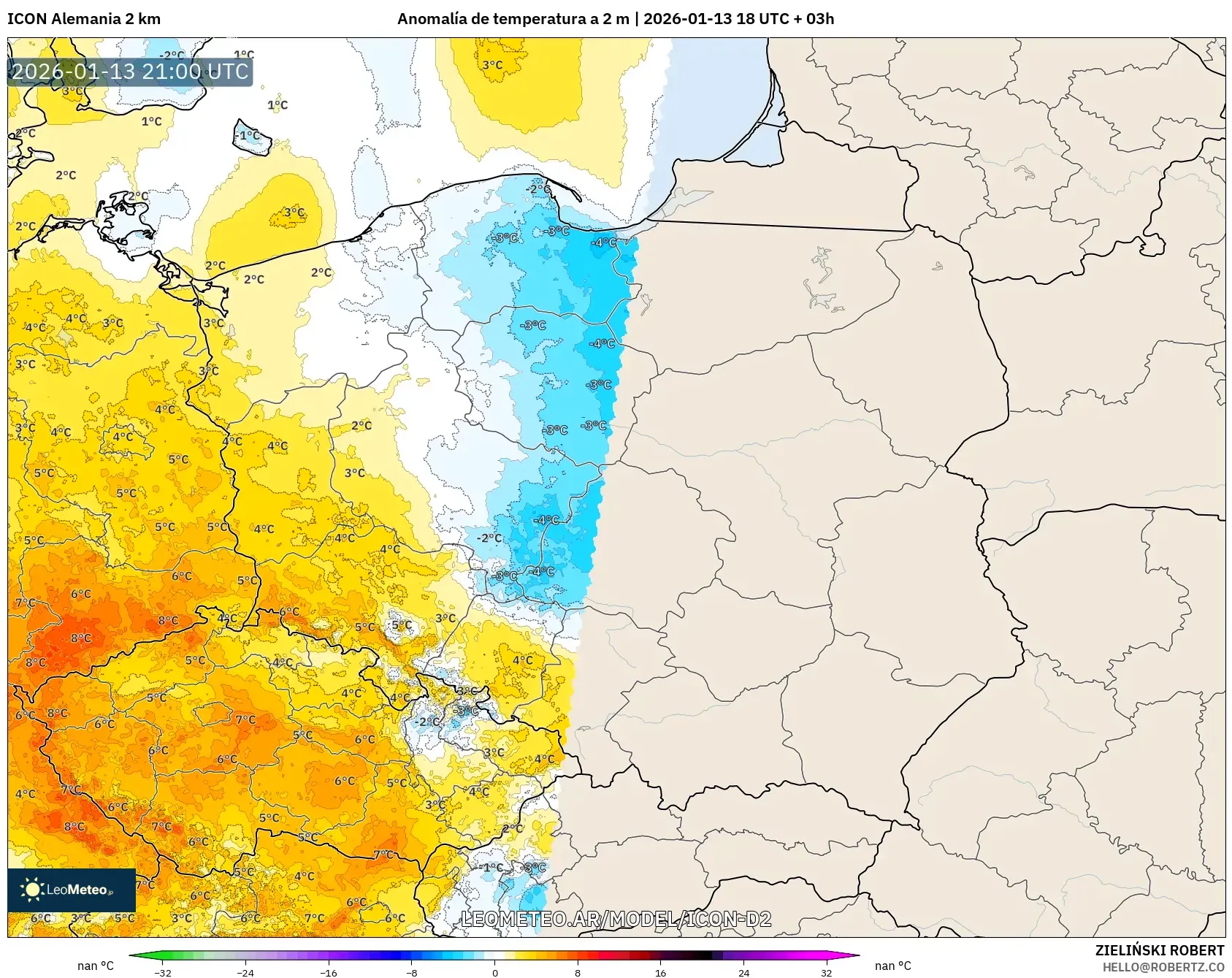 ICON Alemania 2 km model - Polonia, Anomalía de temperatura a 2 m
