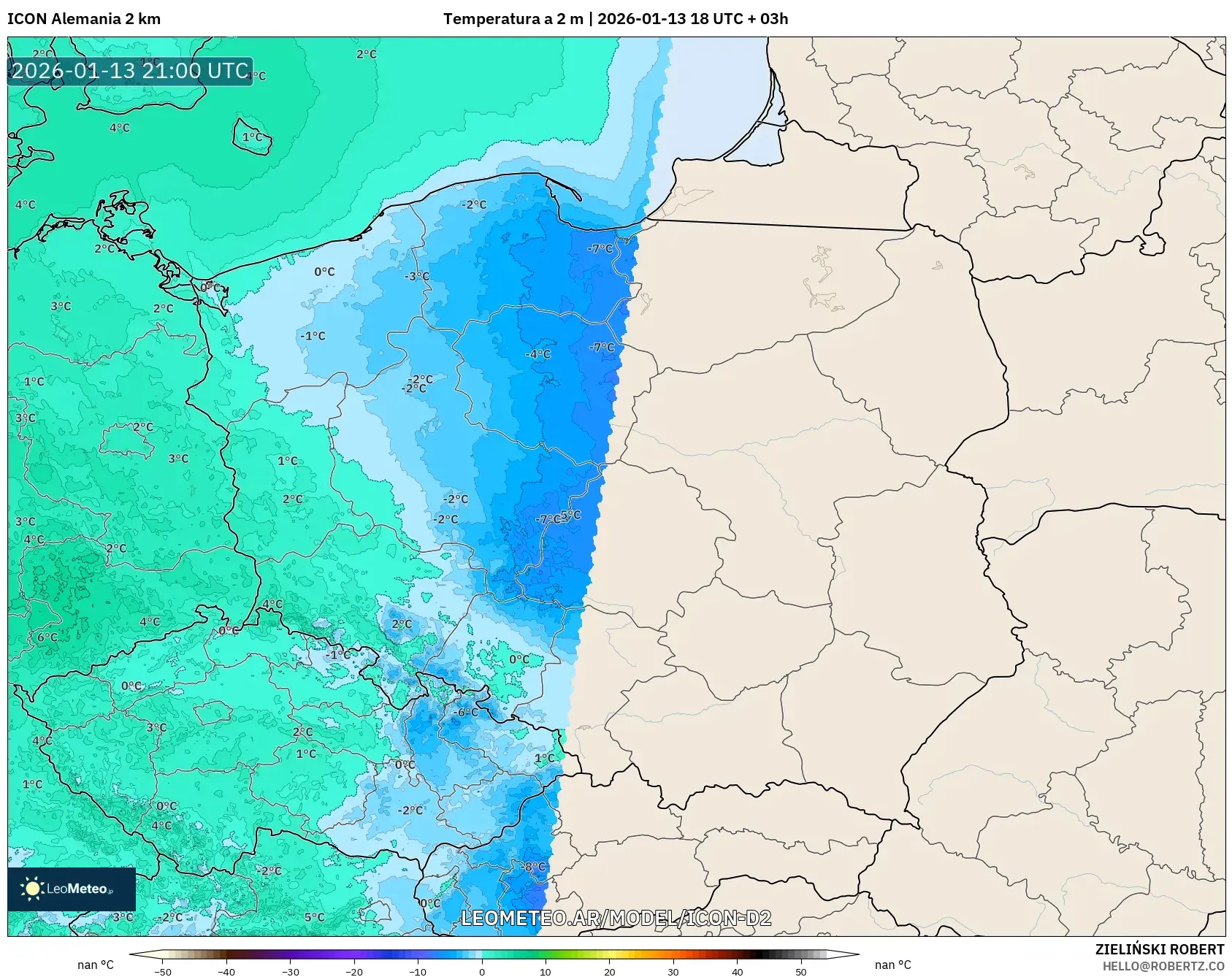 ICON Alemania 2 km model - Polonia, Temperatura a 2 m