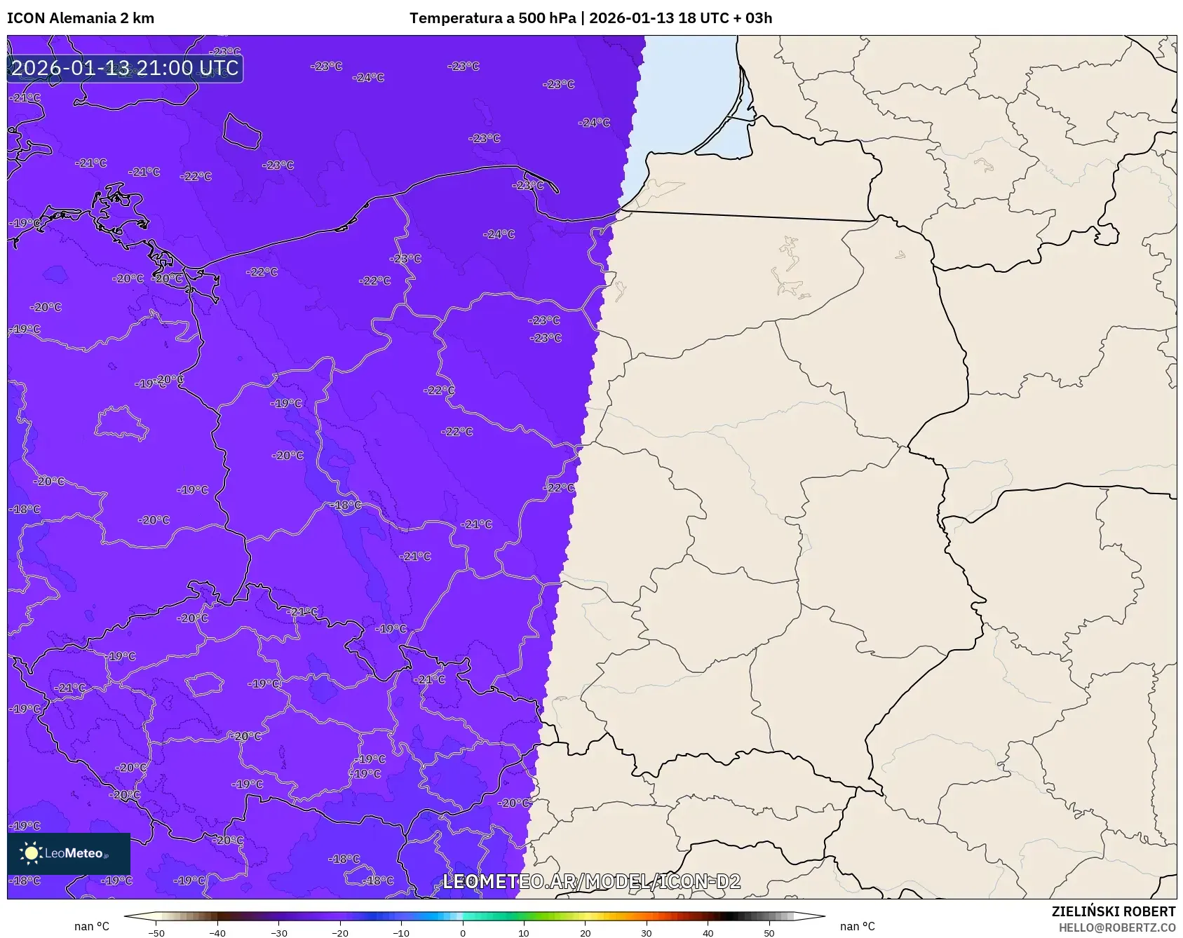 ICON Alemania 2 km model - Polonia, Temperatura a 500 hPa