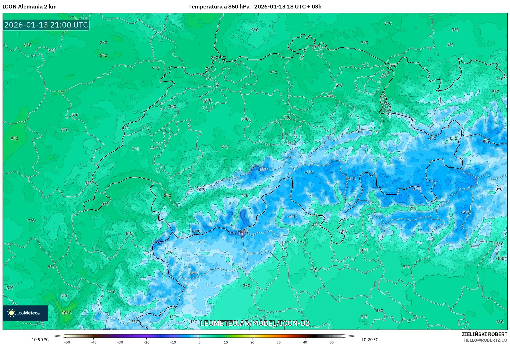 ICON Alemania 2 km model - Suiza, Temperatura a 850 hPa