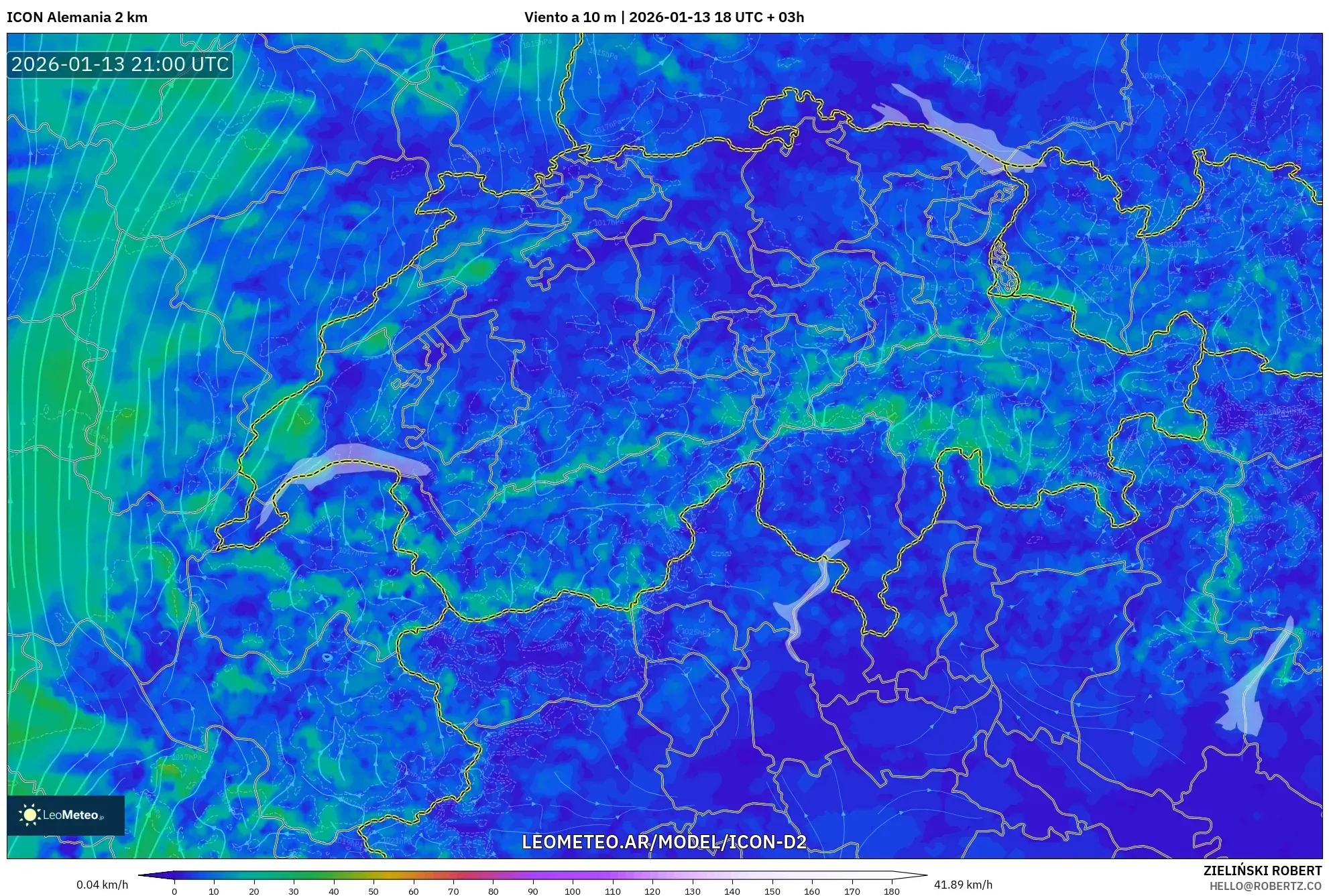 ICON Alemania 2 km model - Suiza, Viento a 10 m