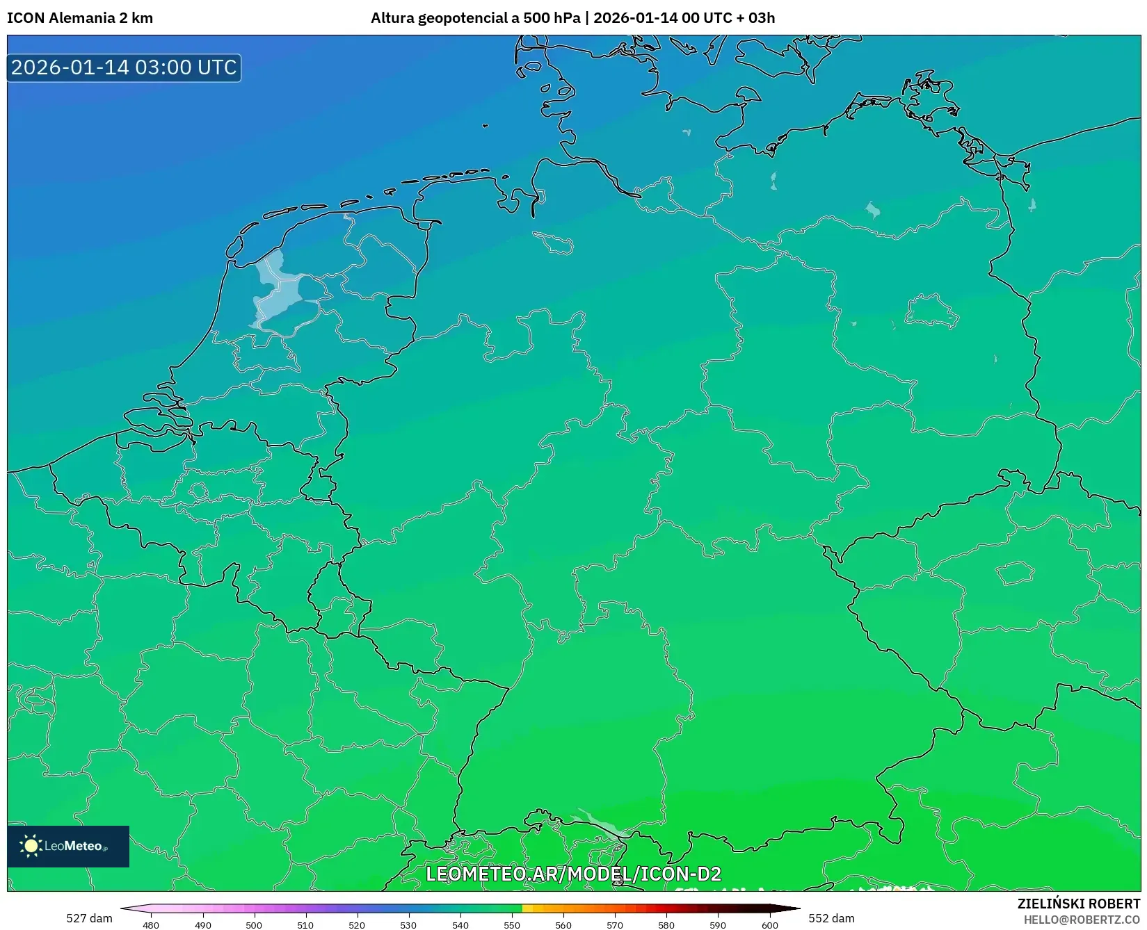 ICON Alemania 2 km model - Alemania, Altura geopotencial a 500 hPa