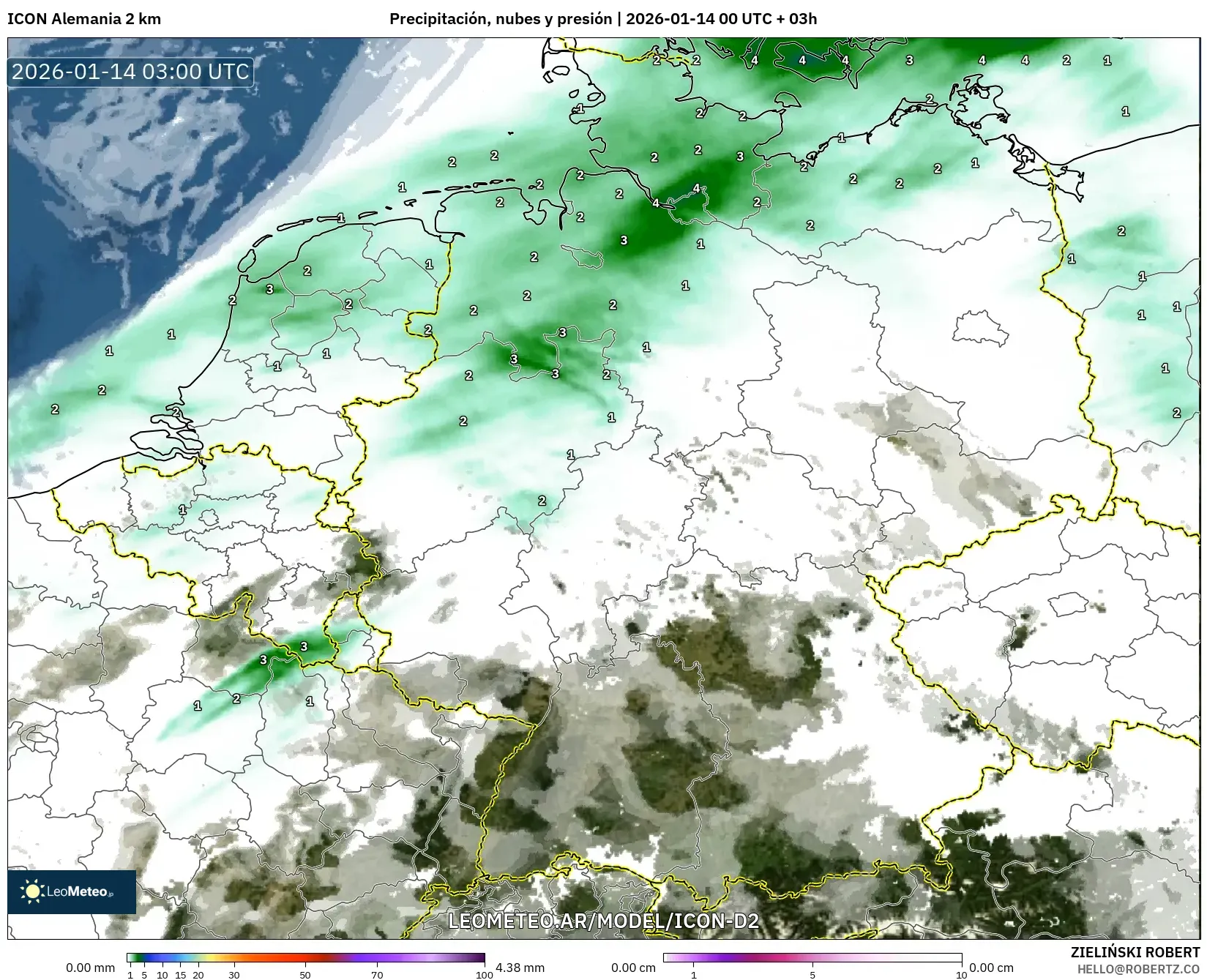 ICON Alemania 2 km model - Alemania, Precipitación, nubes y presión