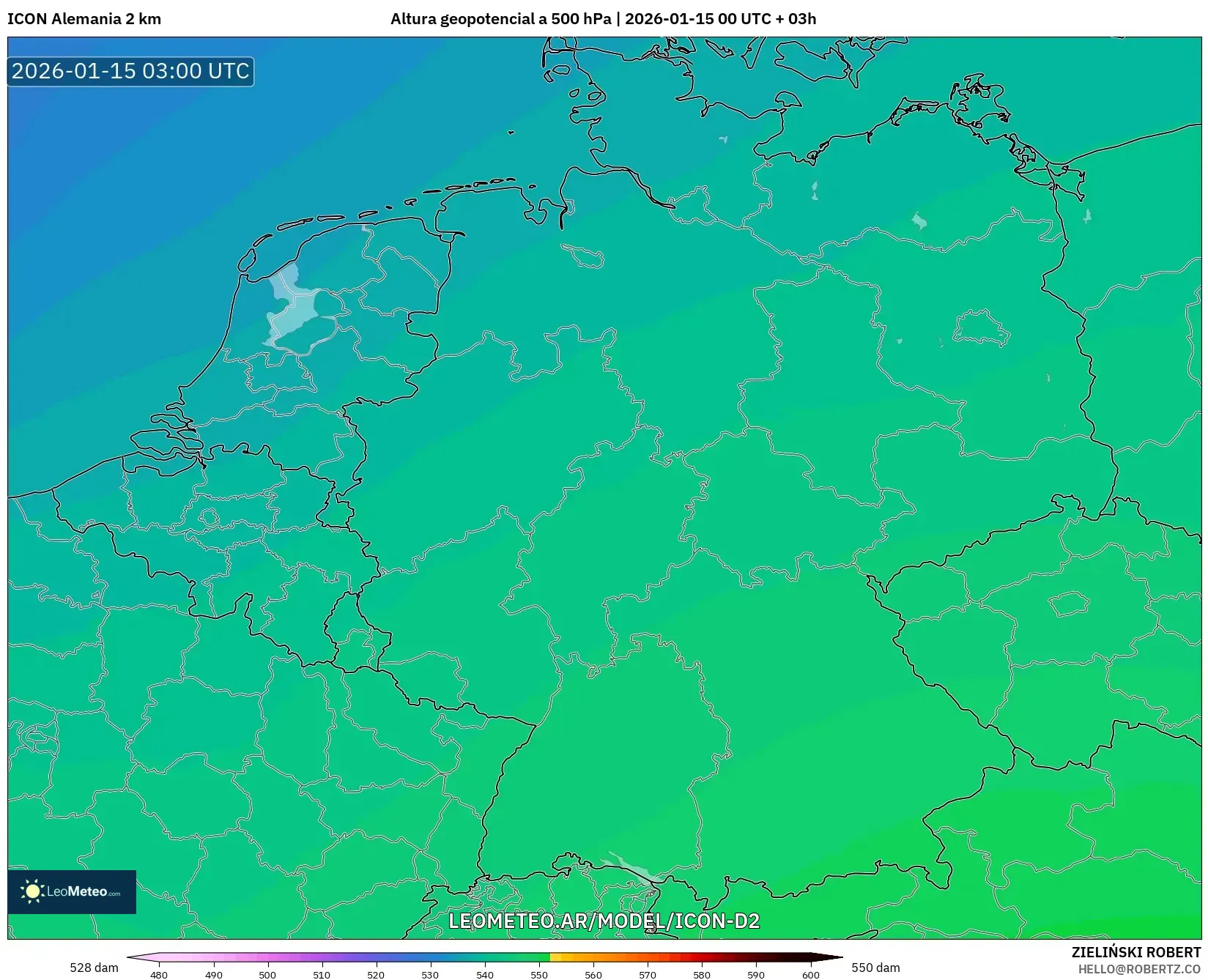 ICON Alemania 2 km model - Alemania, Altura geopotencial a 500 hPa