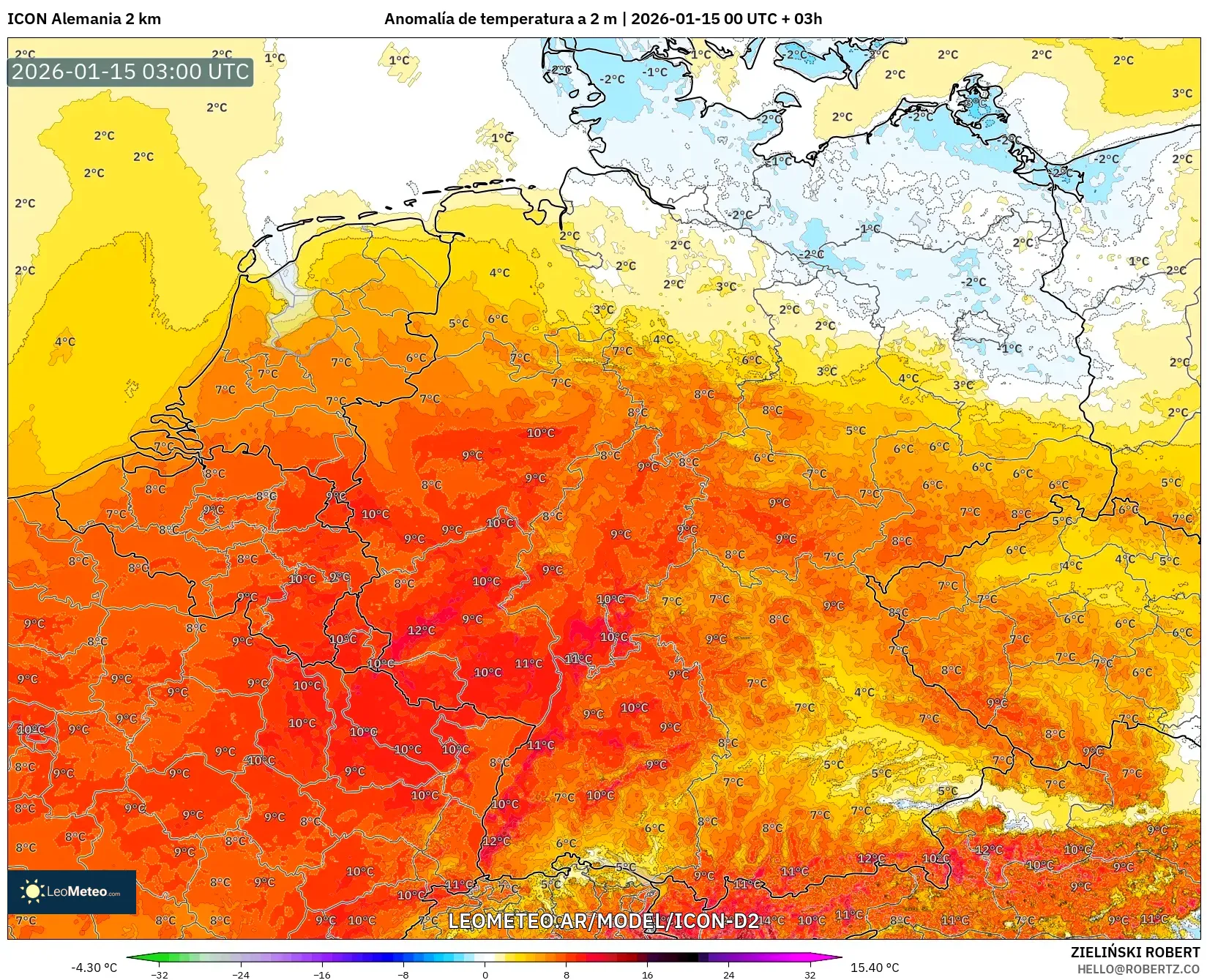 ICON Alemania 2 km model - Alemania, Anomalía de temperatura a 2 m