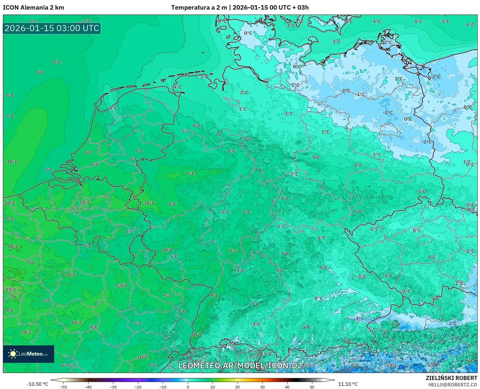 ICON Alemania 2 km model - Alemania, Temperatura a 2 m